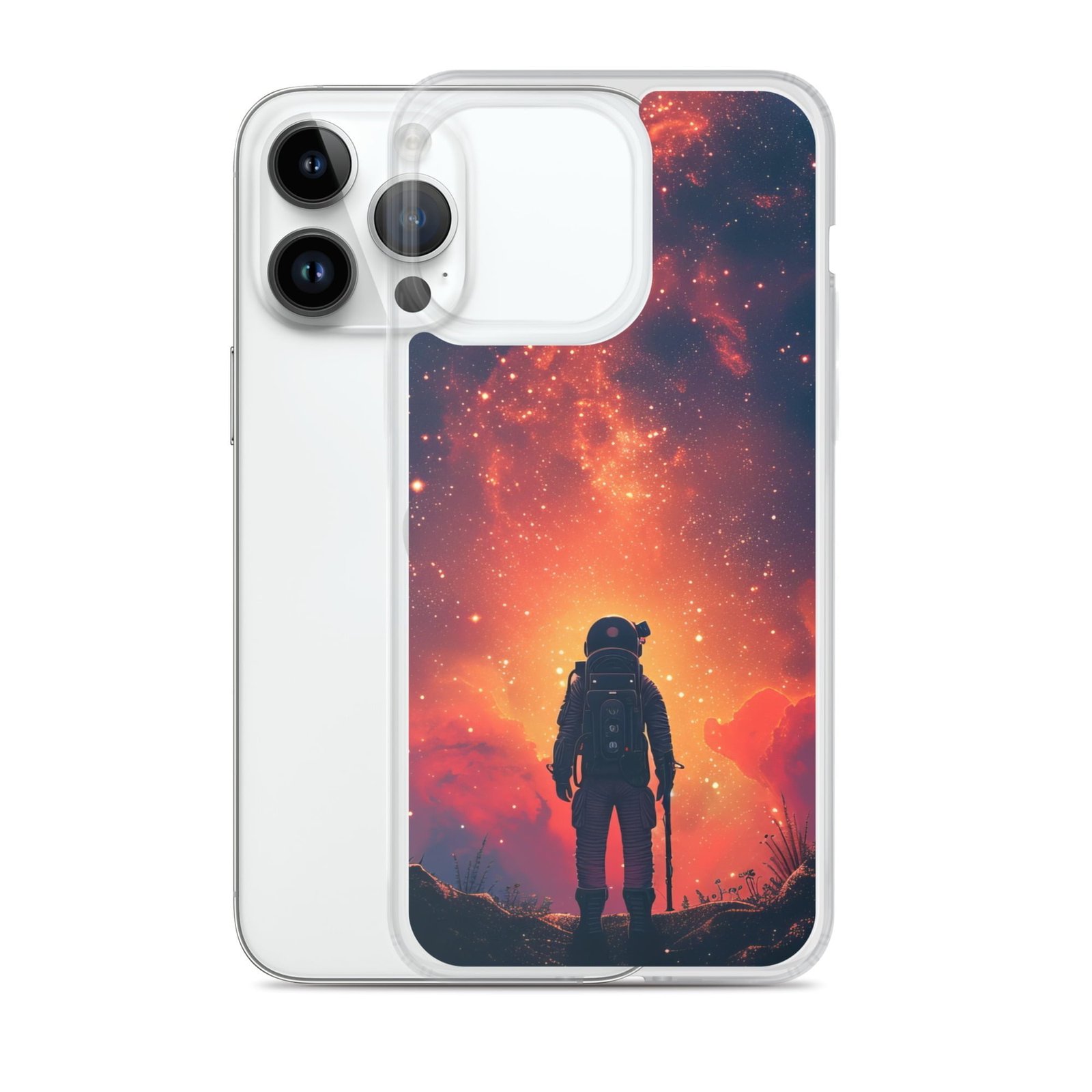 A Clear iPhone case with a picture of an astronaut.