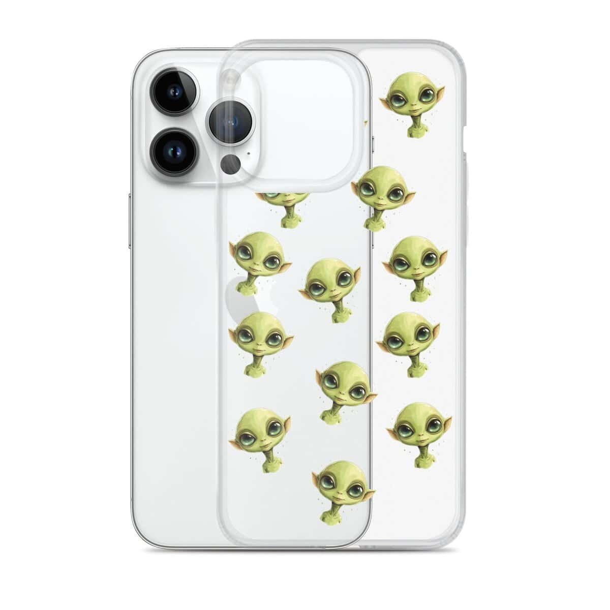 A clear iPhone case adorned with vibrant green alien faces.