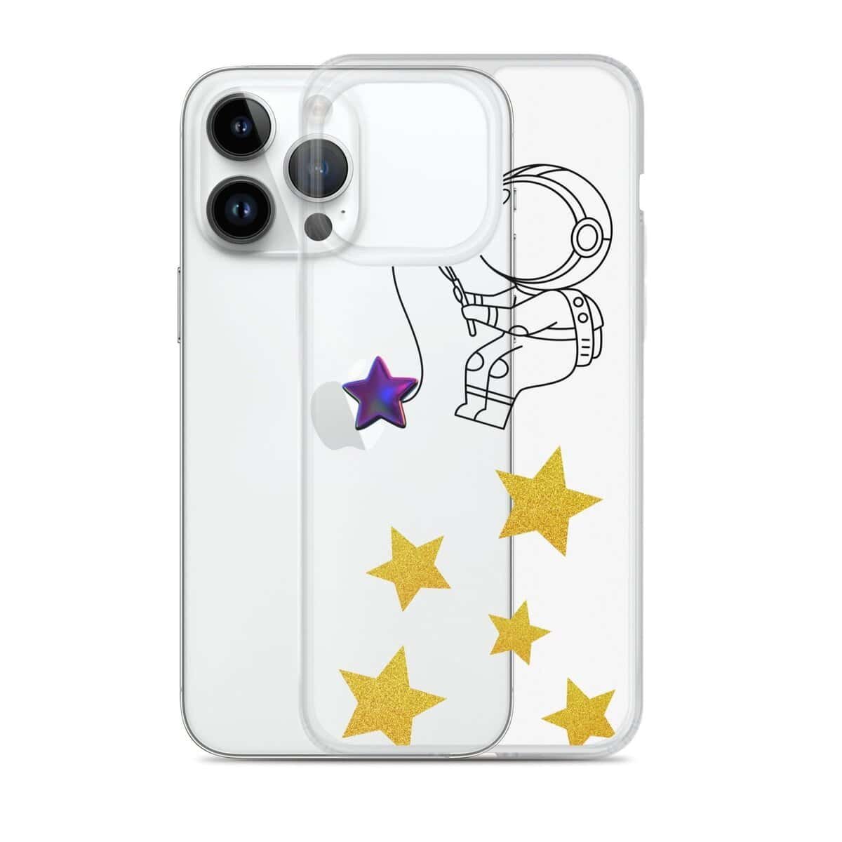 एक पारदर्शी आईफोन केस जिस पर तारों को पकड़ते हुए एक अंतरिक्ष यात्री की आकृति बनी हुई है।