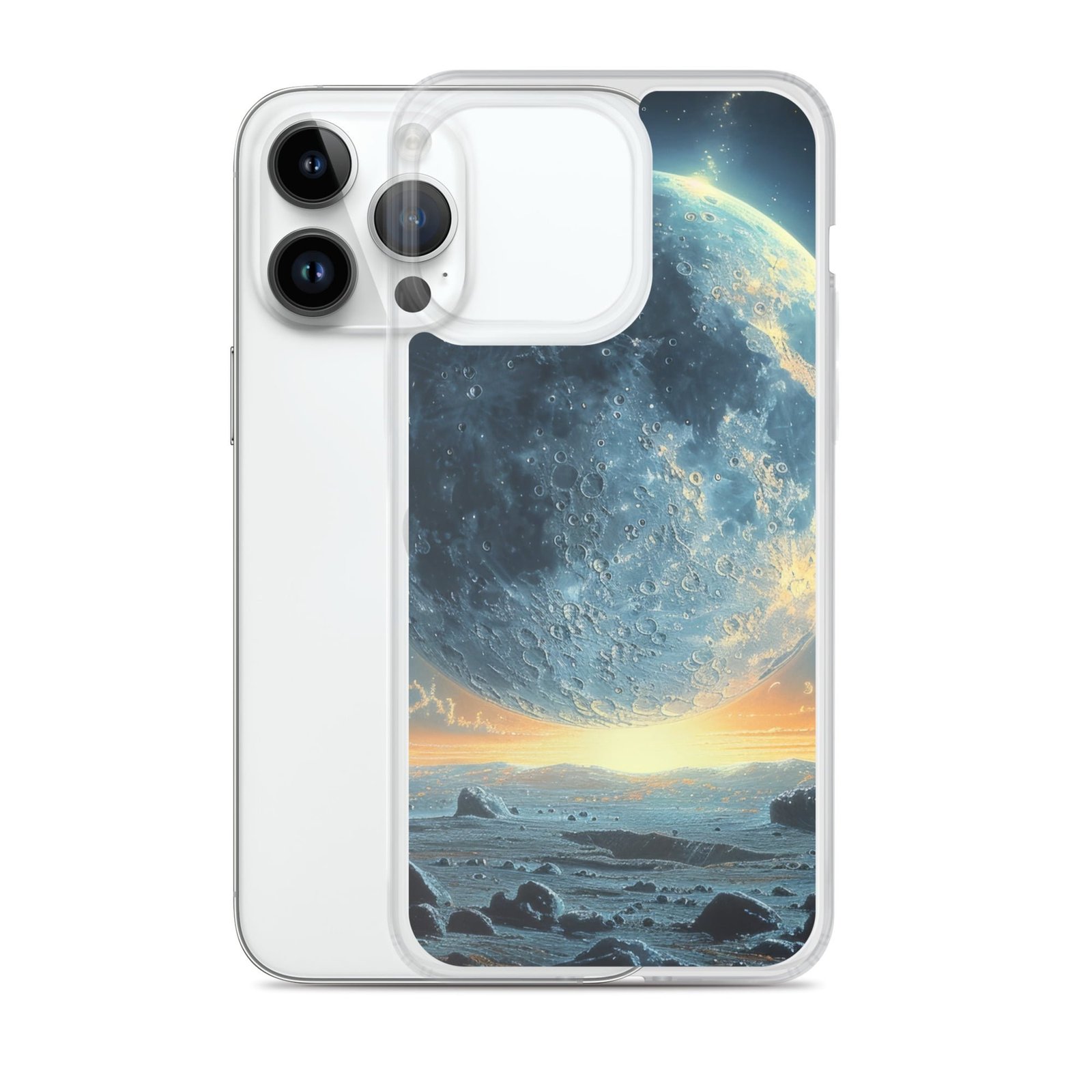 Clear case --> The clear iPhone® case with a captivating depiction of the moon in the sky.