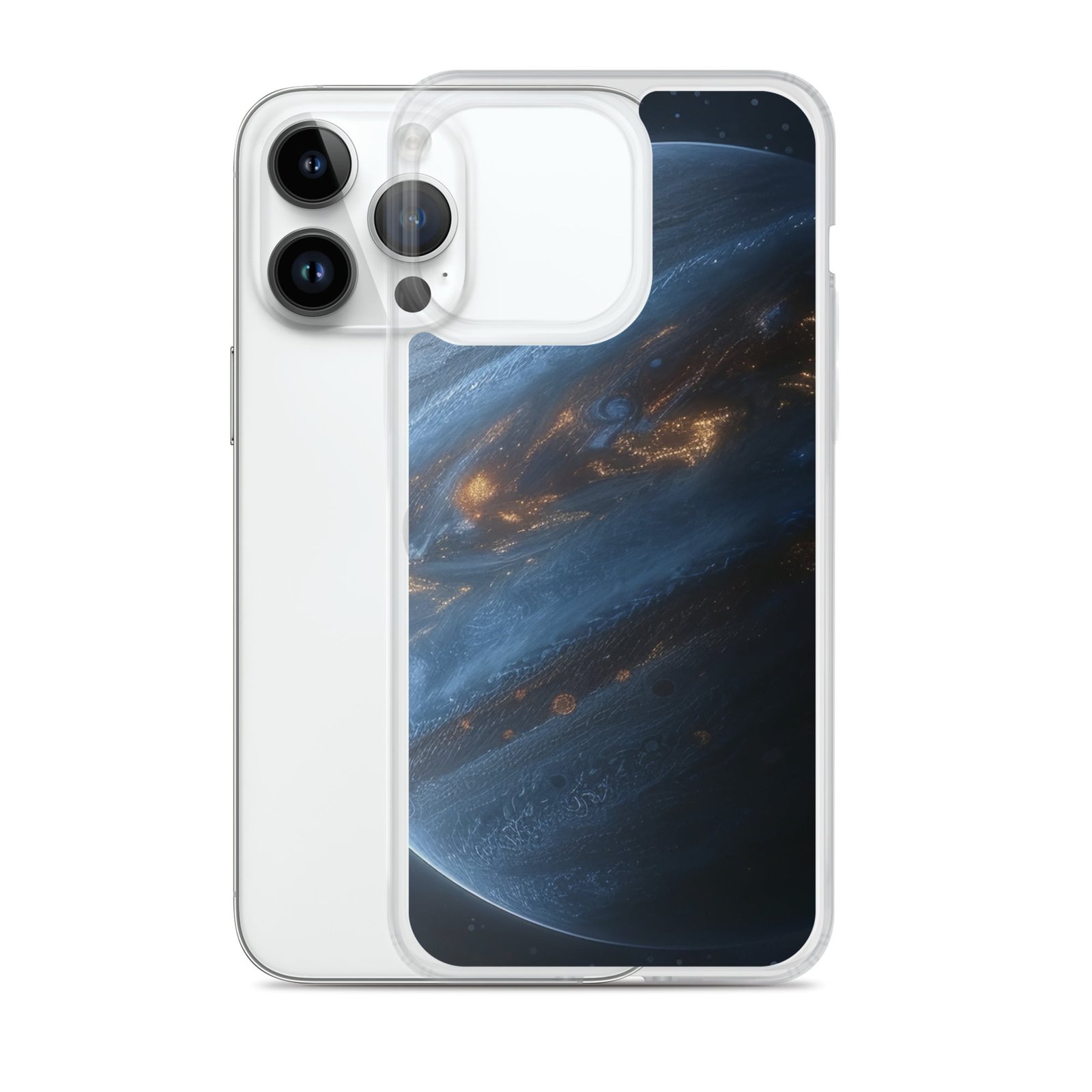 A clear iPhone case featuring an image of the planet Jupiter.