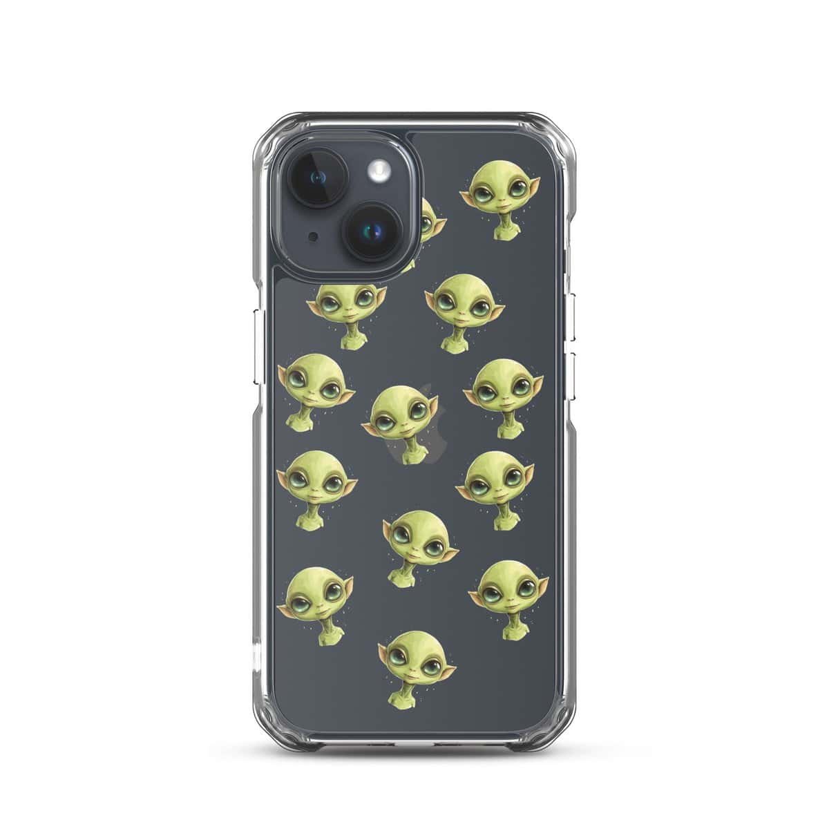 An iPhone case featuring green aliens on a clear background.