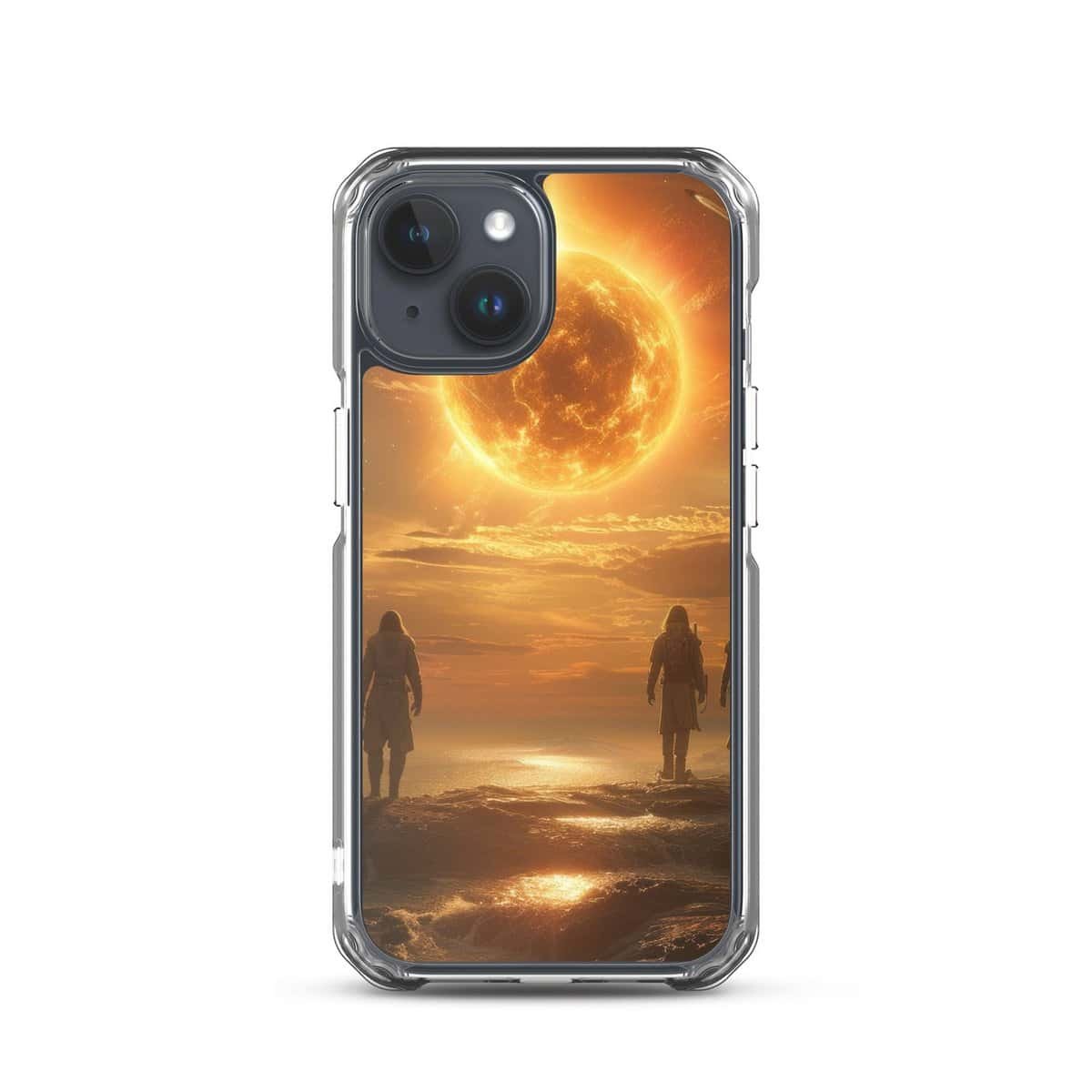 Two people on the beach with the Sun Clear Case showcasing their iPhone 11.