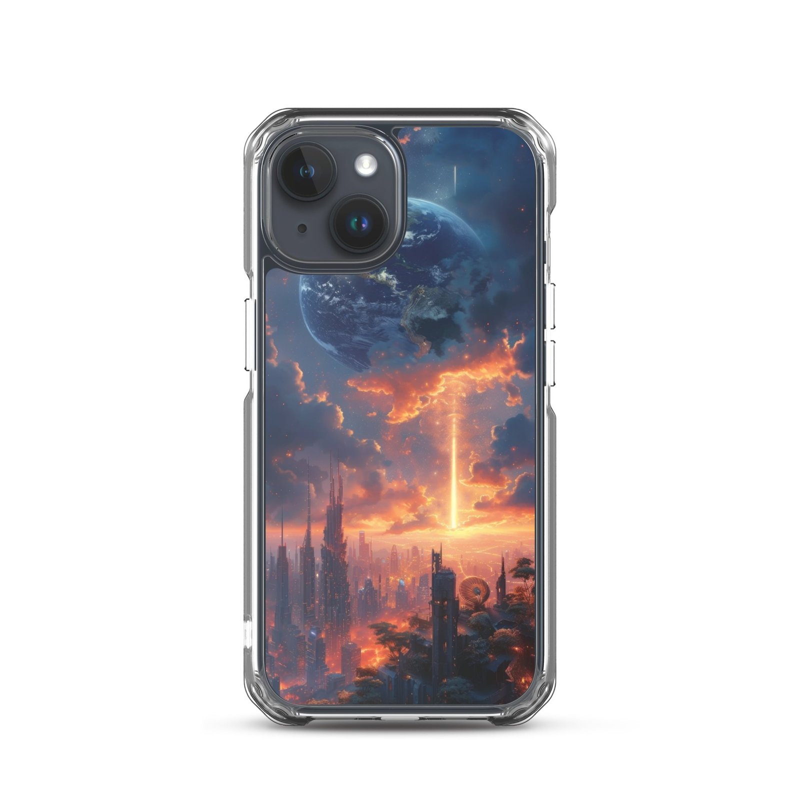 An iPhone clear case with an image of a city at sunset.