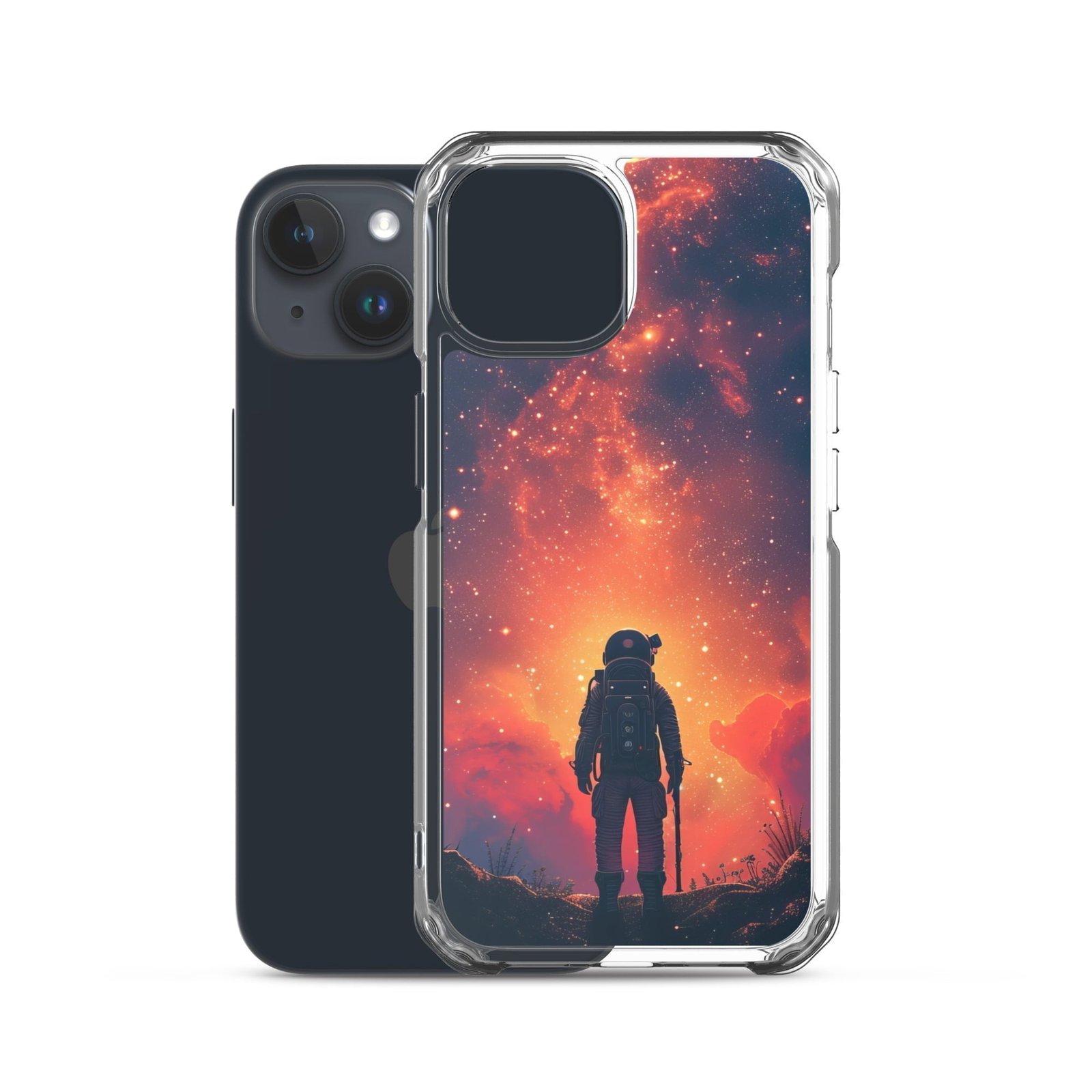 A Clear Case for iPhone featuring a man in space standing in front of a starry sky.