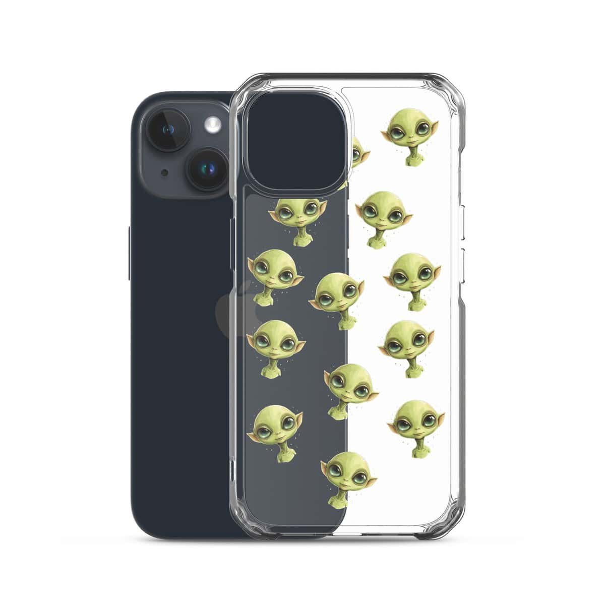 A clear phone case adorned with cute green alien faces.