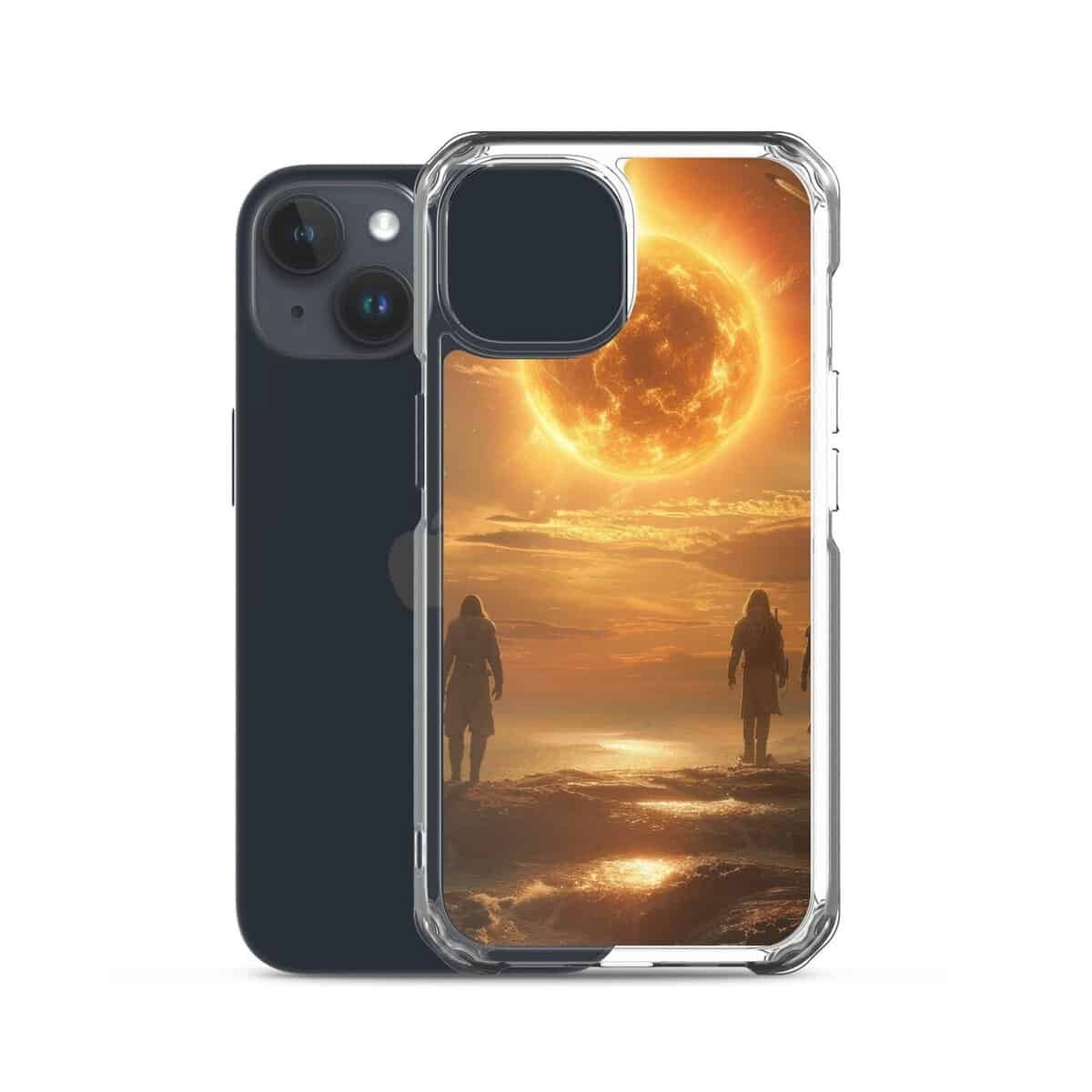 Two people standing on the beach with the sun behind them on a clear case.