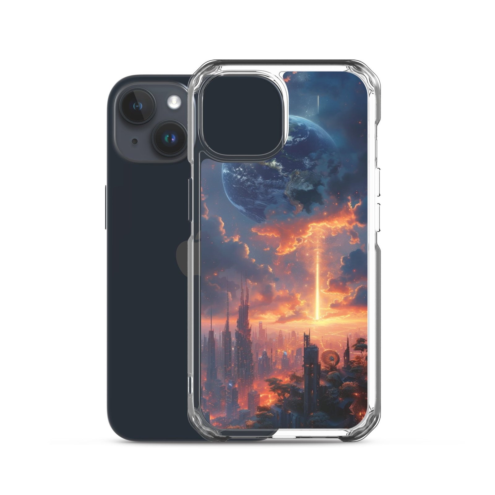 A Clear iPhone case depicting a breath-taking image of a city at sunset.