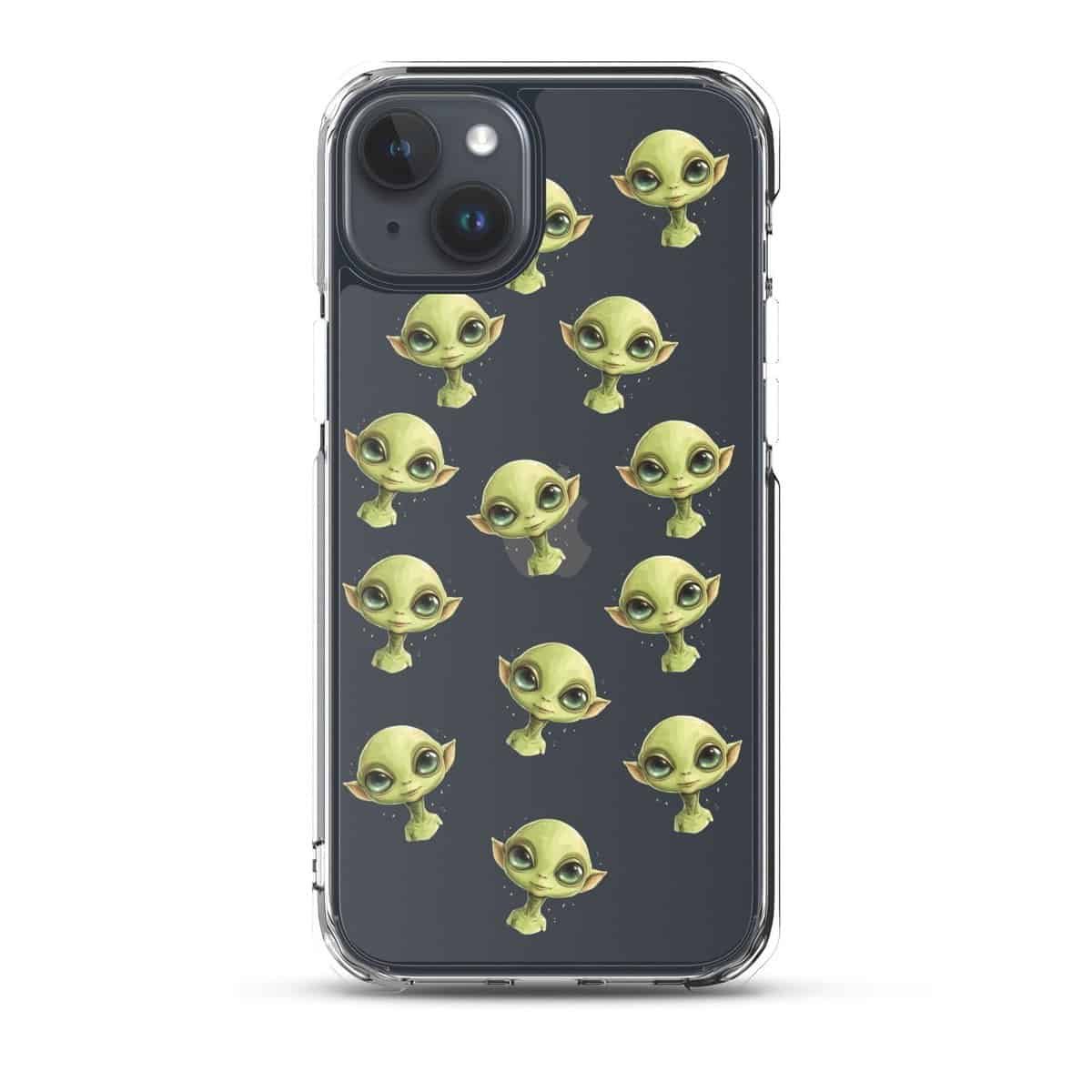 A clear phone case with little green alien faces on it.