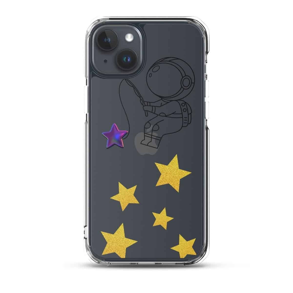 अंतरिक्ष यात्री और तारों की डिज़ाइन वाला एक पारदर्शी कवर, आपके iPhone के लिए एकदम सही।