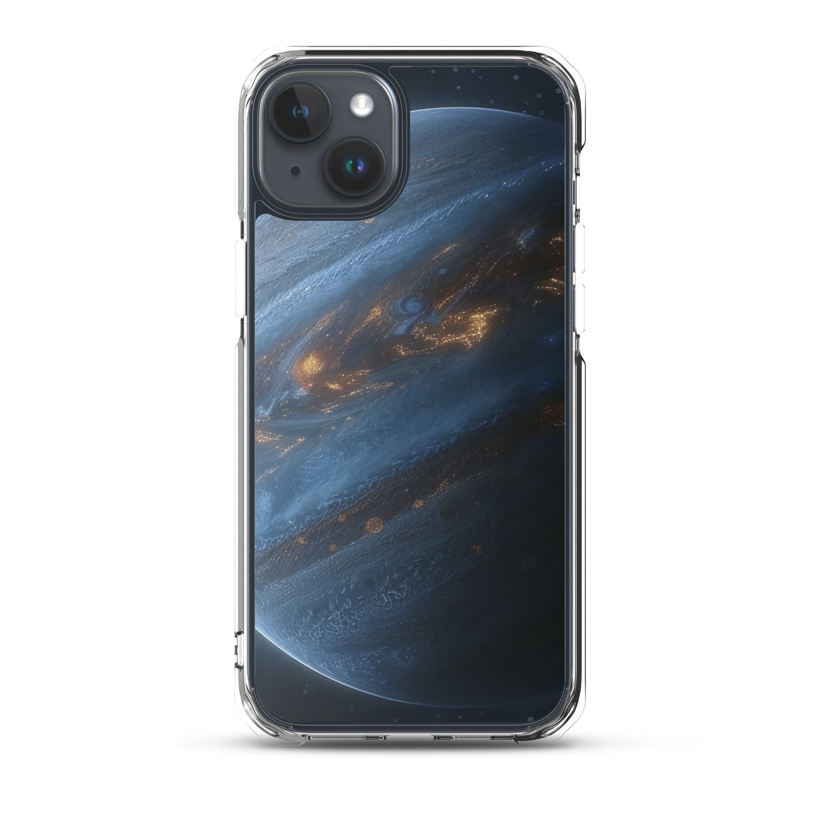 A clear iPhone case featuring a mesmerizing image of the planet Jupiter, capturing the beauty of this new celestial body.