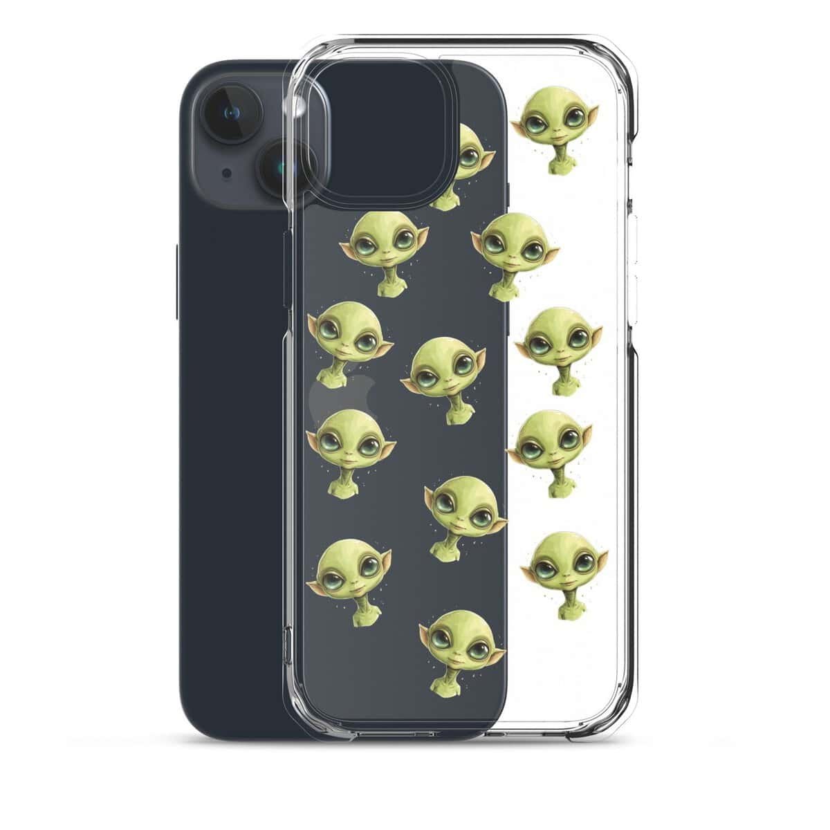 A clear iphone case featuring green aliens.