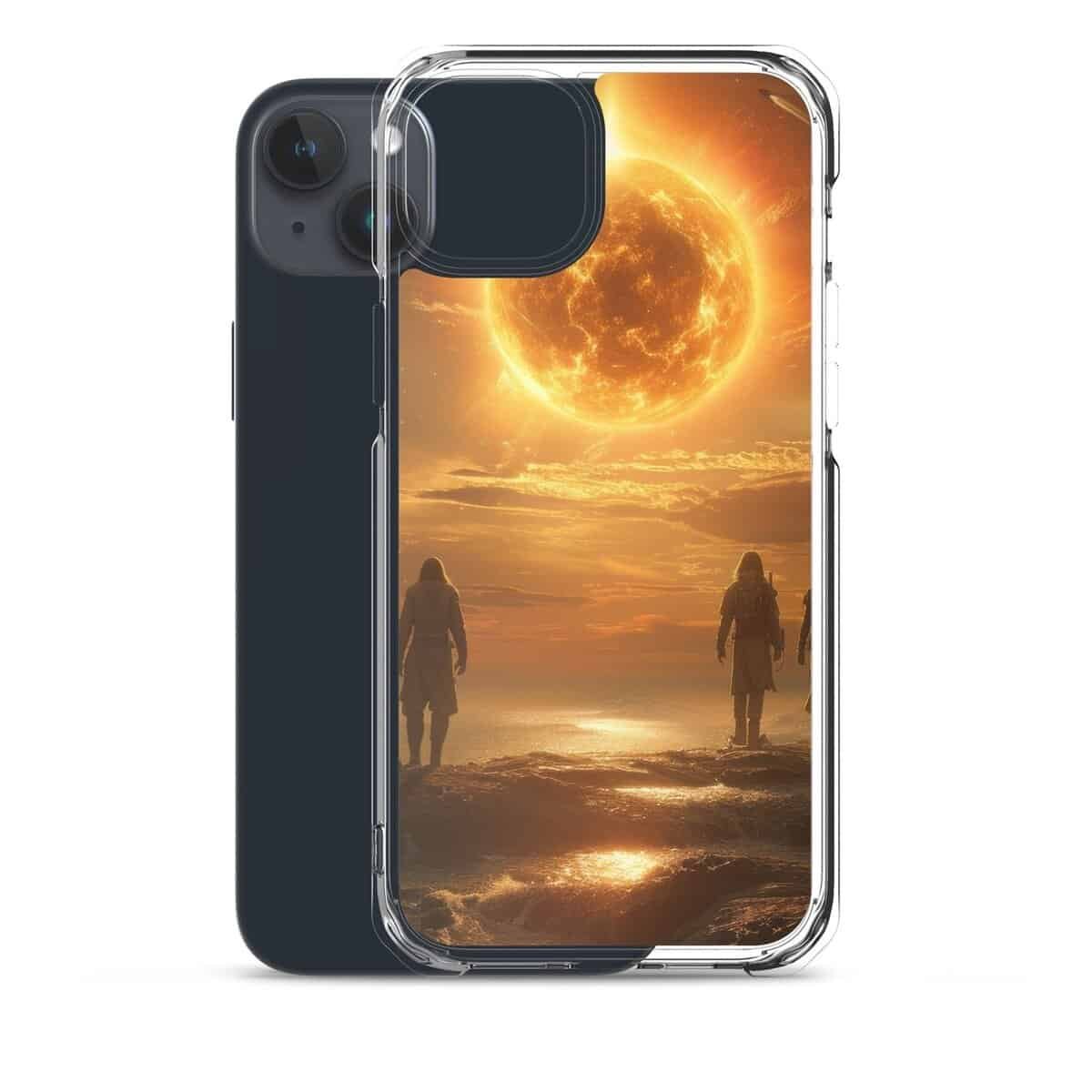 Two people standing on the beach with the iPhone case and sun behind them.