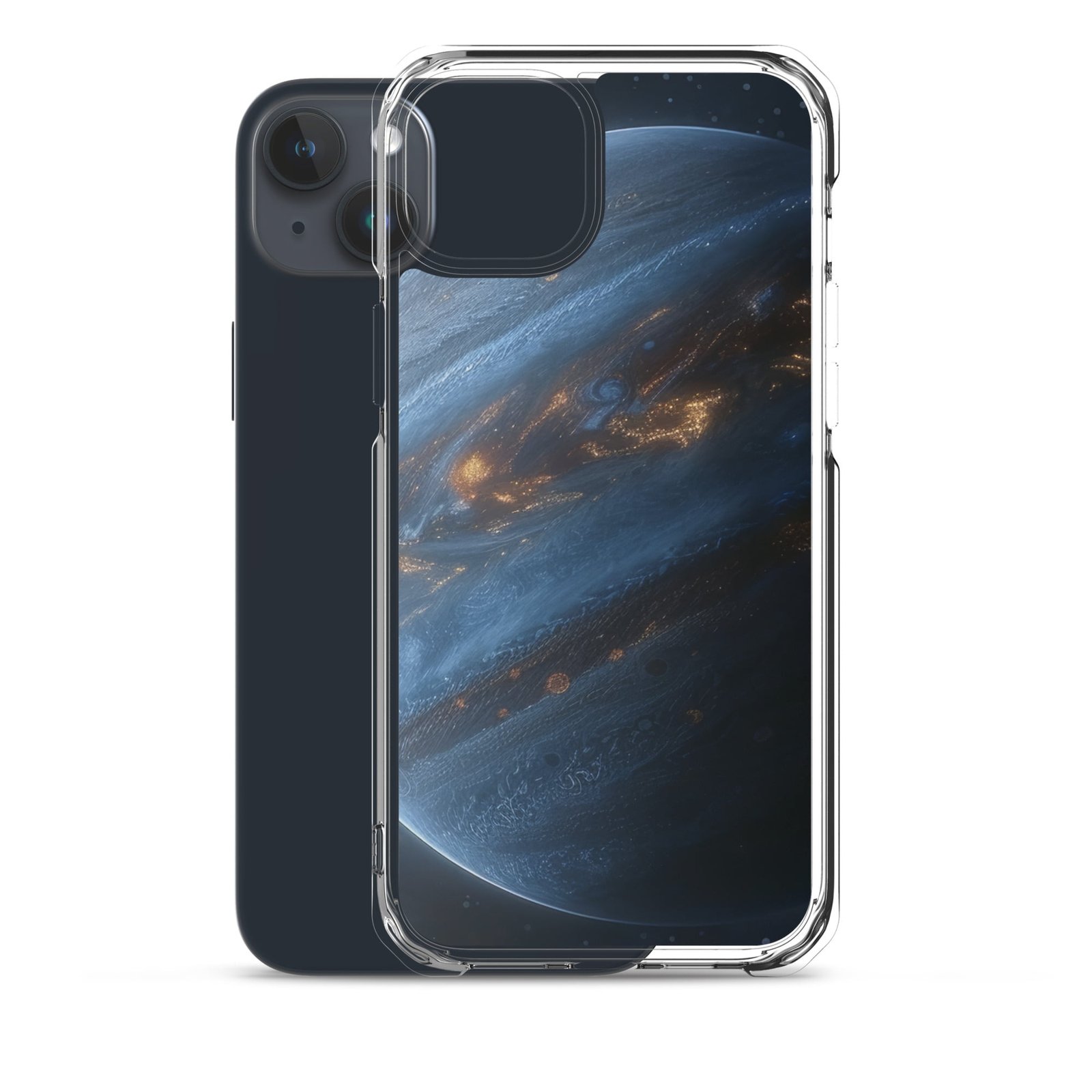 A clear iPhone case featuring an image of the planet Jupiter.