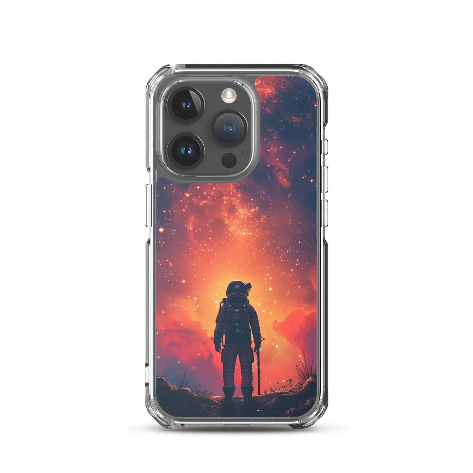 A clear iPhone 11 case featuring an image of a man in space.