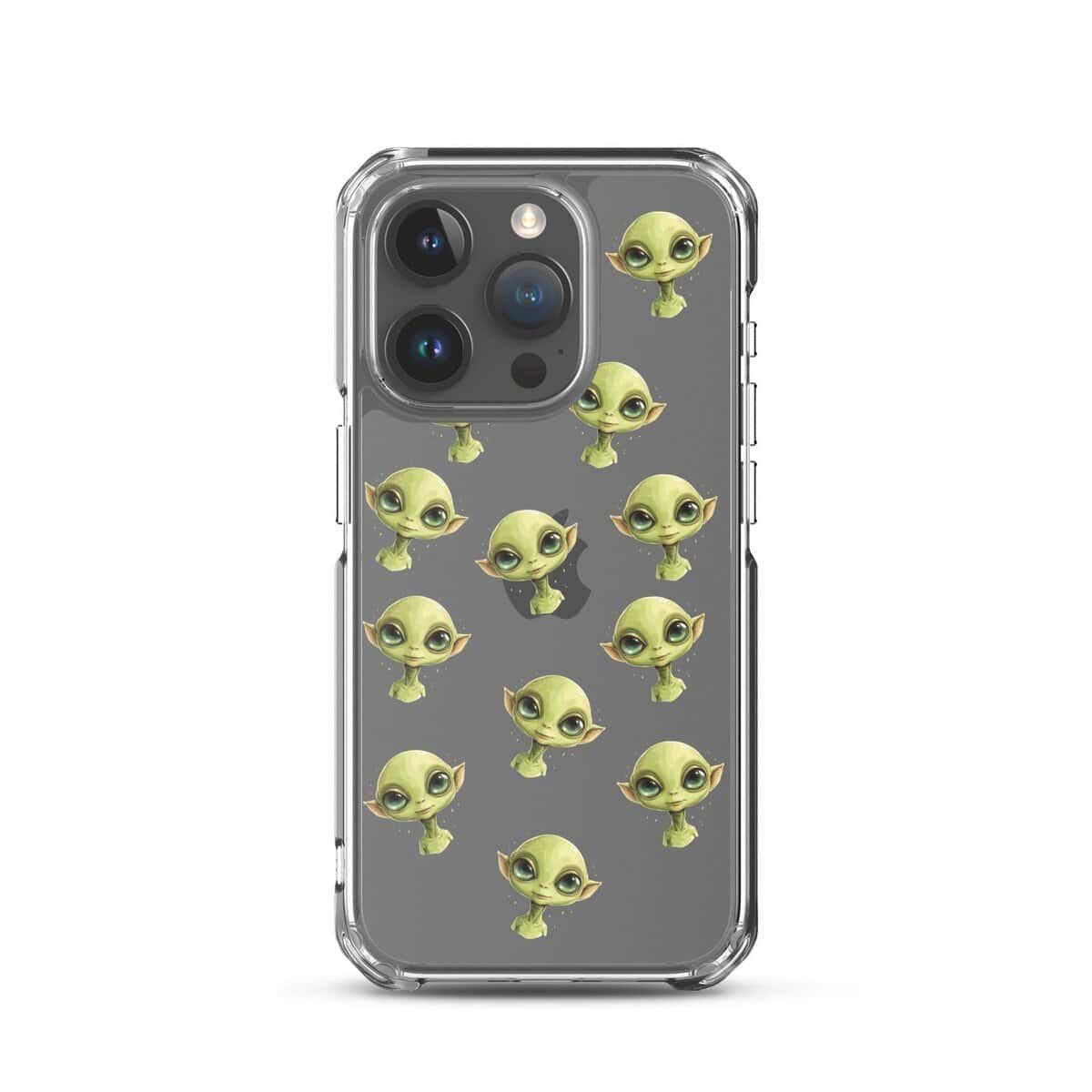 A green alien-themed clear phone case.