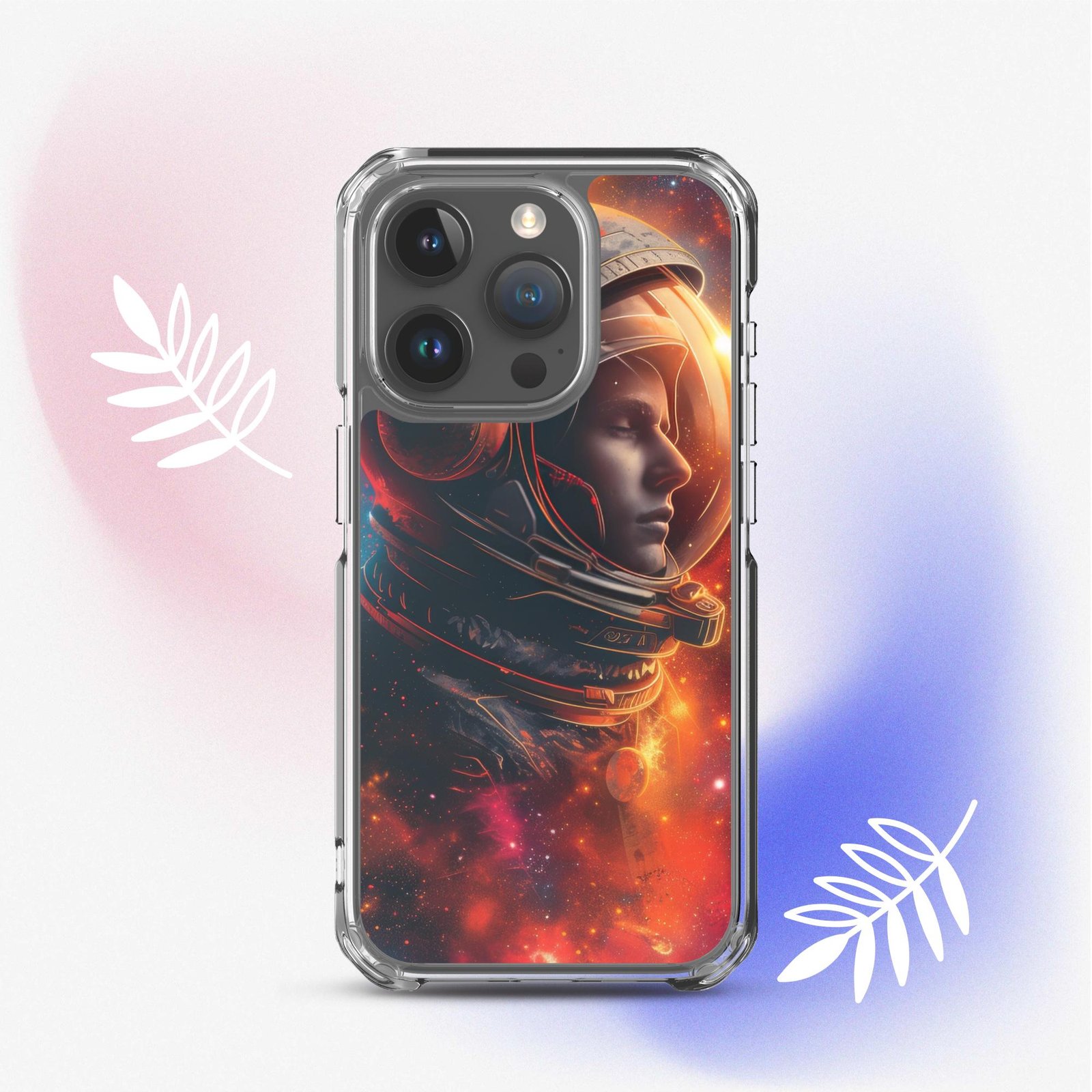A clear case featuring an image of an astronaut surrounded by the expansive universe.