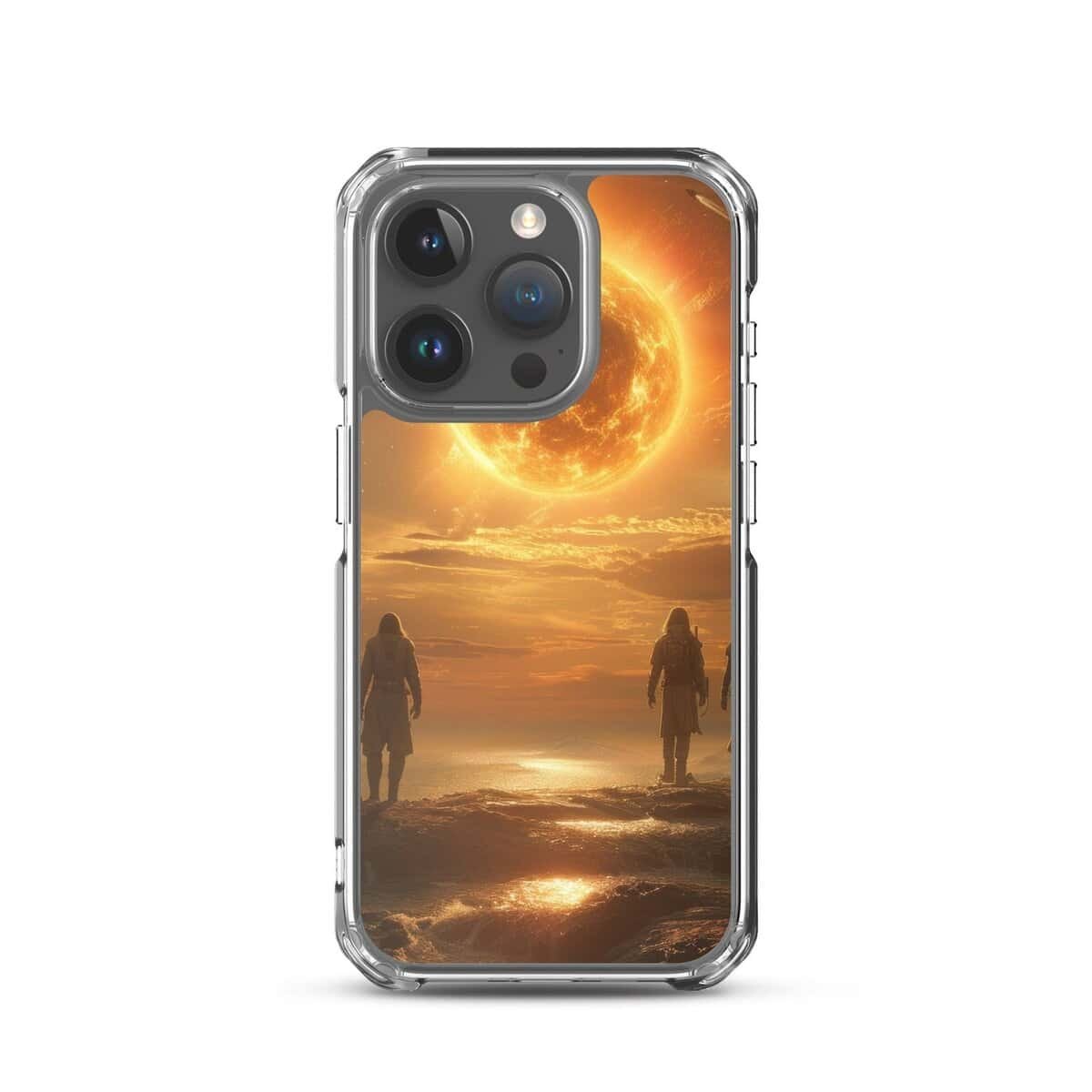 Two people standing in front of the sun on a clear iPhone case.