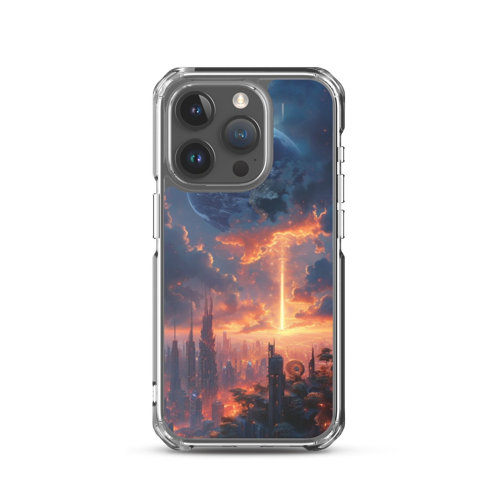 A clear iPhone 11 case featuring an image of a city at sunset.