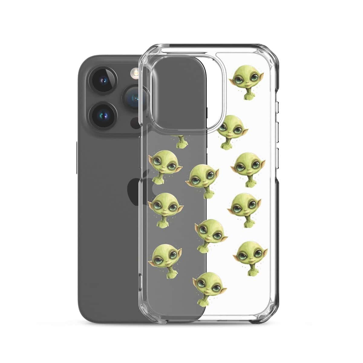 A transparent phone case adorned with whimsical green alien faces.