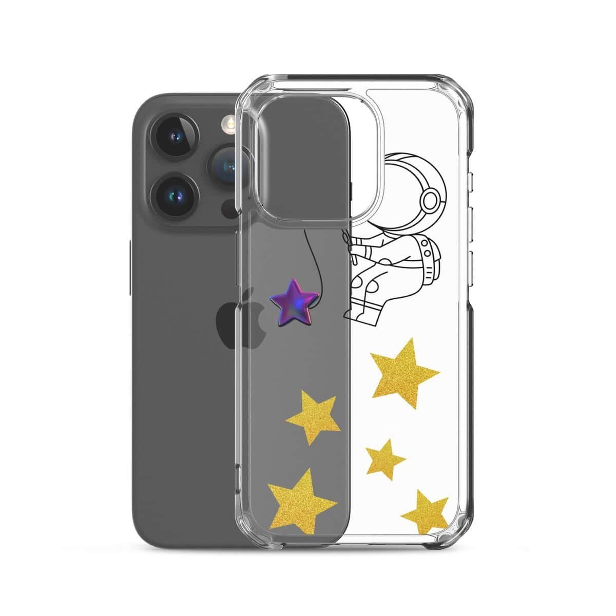 आकाशीय तत्वों से प्रेरित एक आईफोन केस, जिस पर तारे और शायद एक सौम्य चंद्रमा बना हुआ है, जो तारों को पकड़ने की कला का प्रतीक है।
