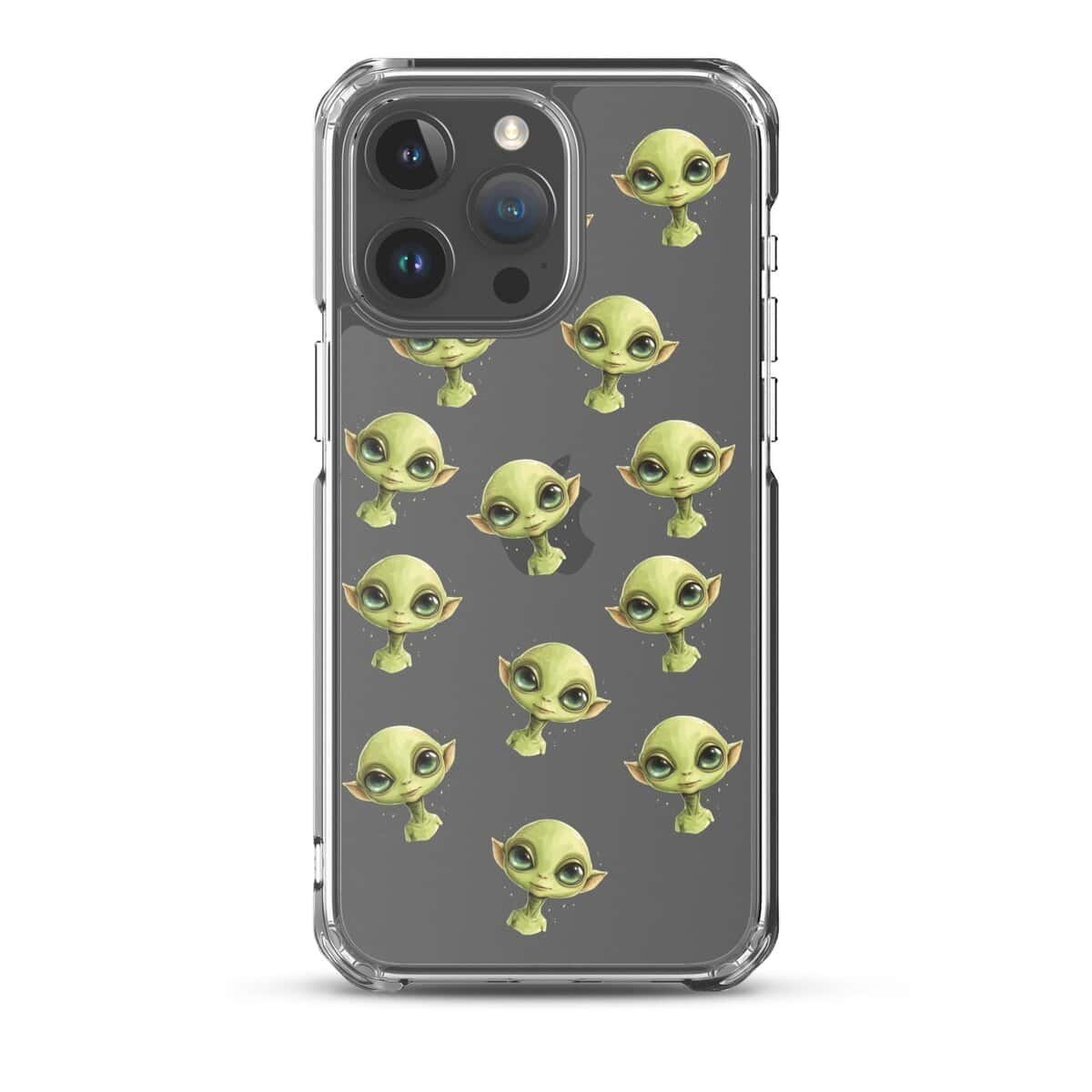 A clear phone case with a bunch of little aliens on it.