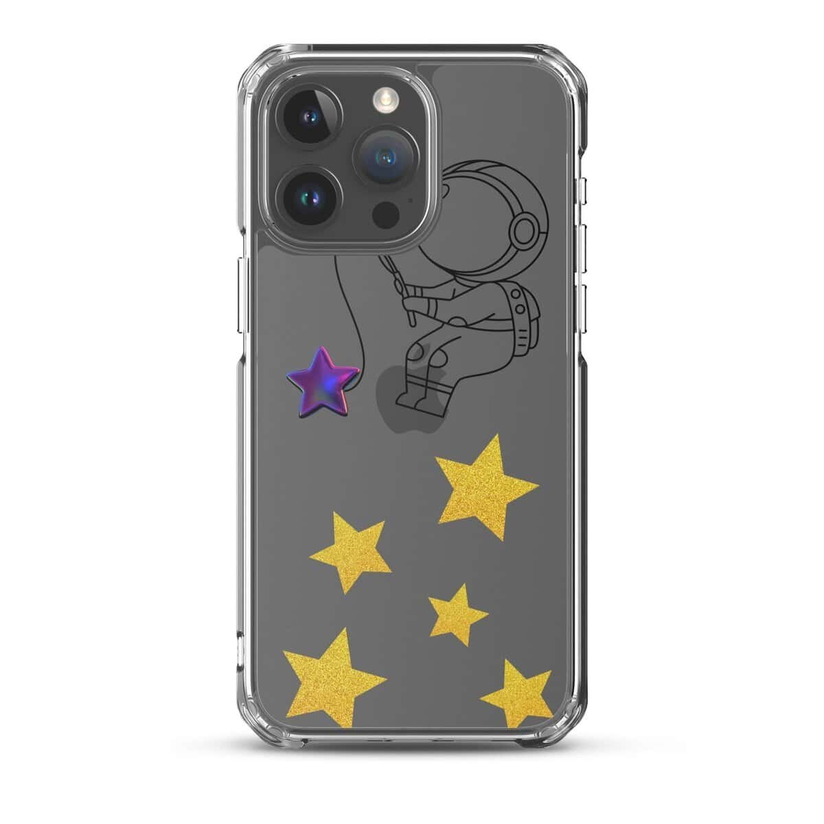 तारों के समूह के बीच एक अंतरिक्ष यात्री की आकृति वाला एक पारदर्शी आईफोन केस।