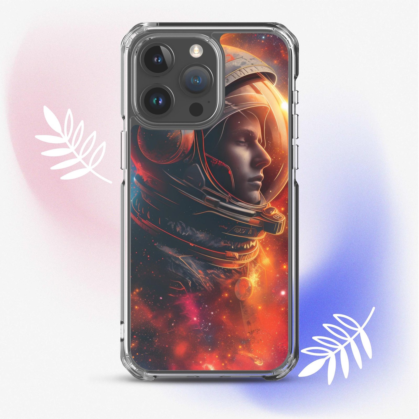 A clear case showcasing an image of an astronaut floating in the vastness of the universe.
