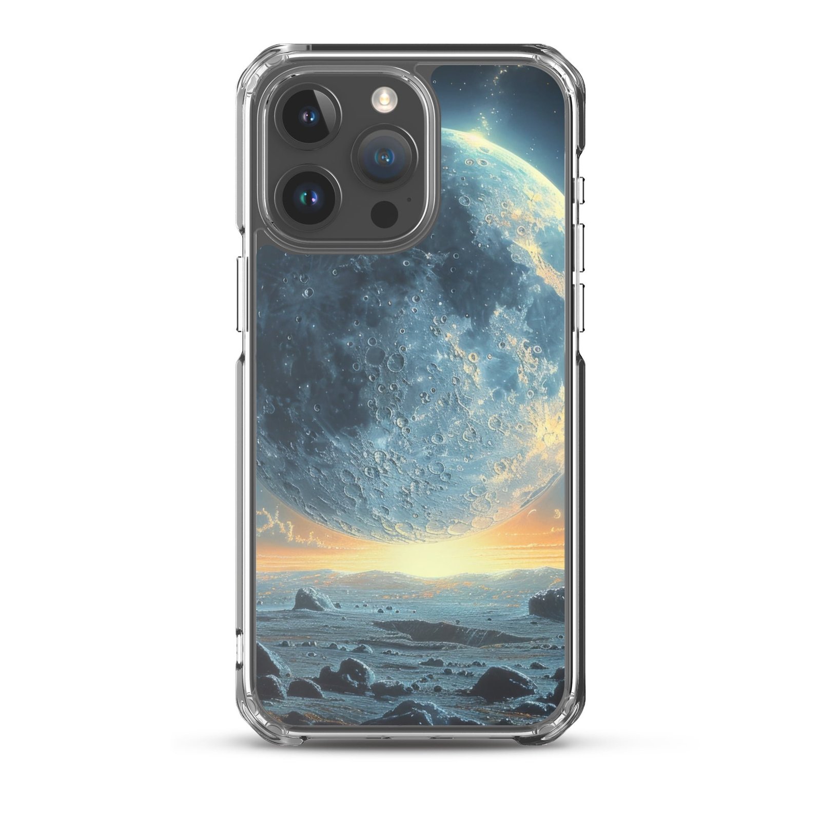 A Clear iPhone case featuring an image of the moon, bringing you closer to the moon in the sky.