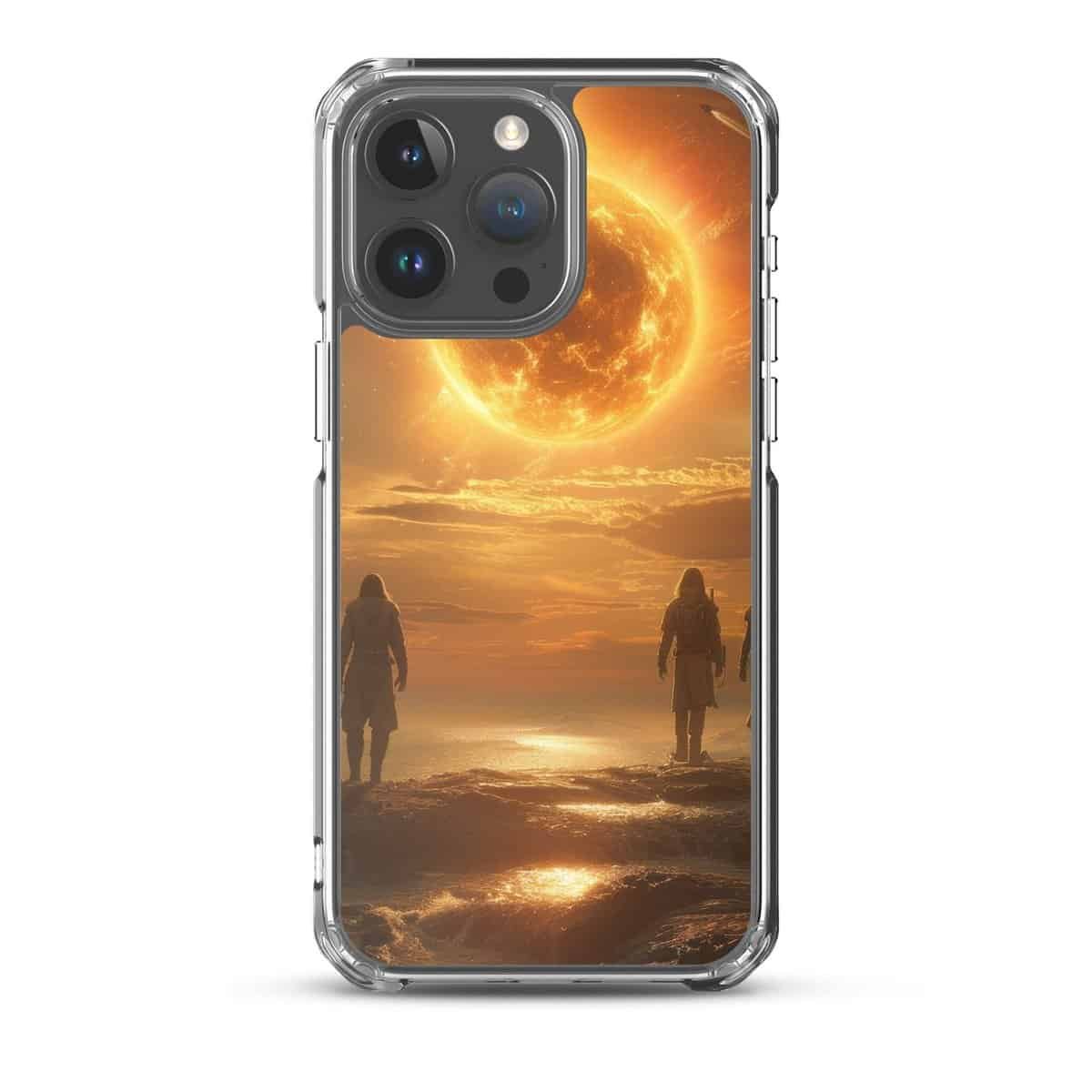 Two people walking on the beach with the sun behind them Future Us clear iPhone 11 Pro case.