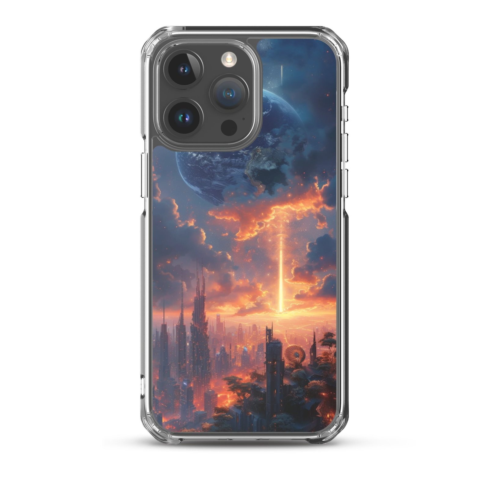 An iPhone clear case with an image of a city at sunset.