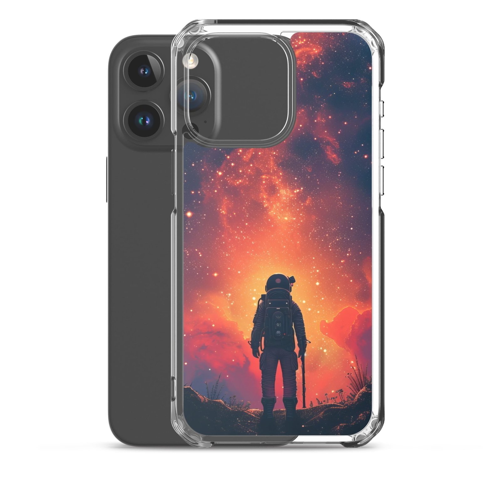 A clear iPhone case featuring an astronaut in space.