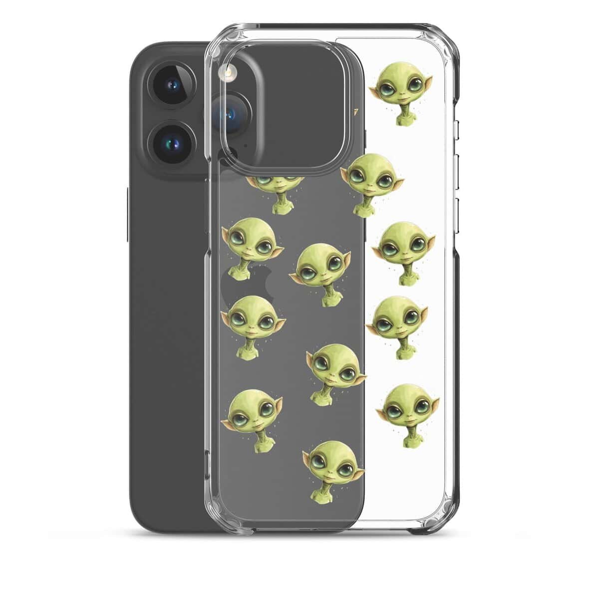 A clear iPhone case featuring green alien faces.