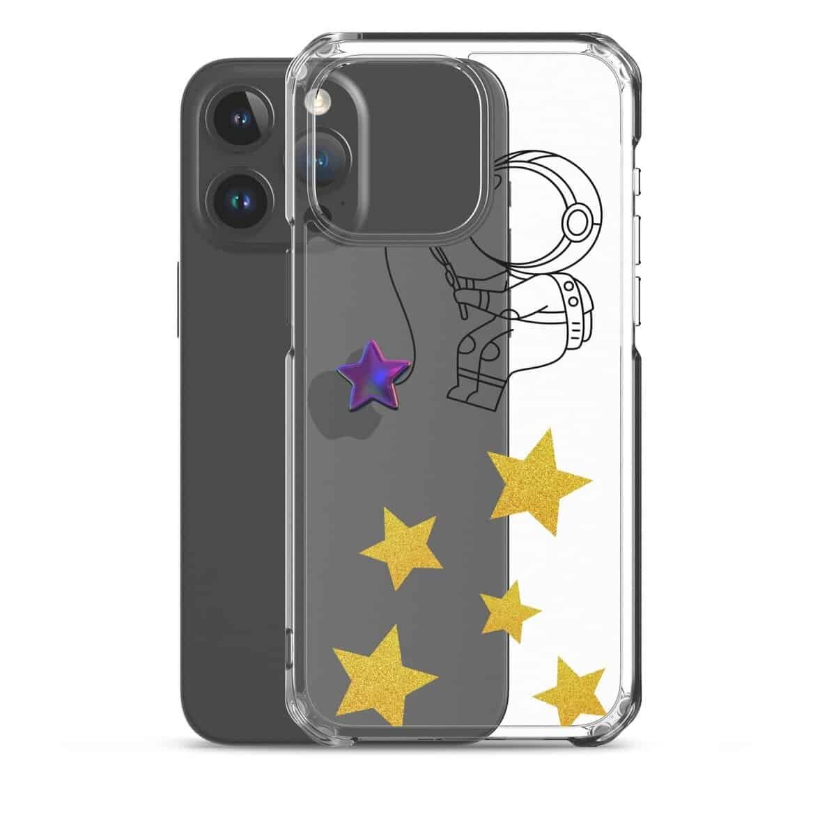 एक पारदर्शी आईफोन केस जिस पर आकर्षक तारे और मनमोहक चंद्रमा बने हुए हैं।
