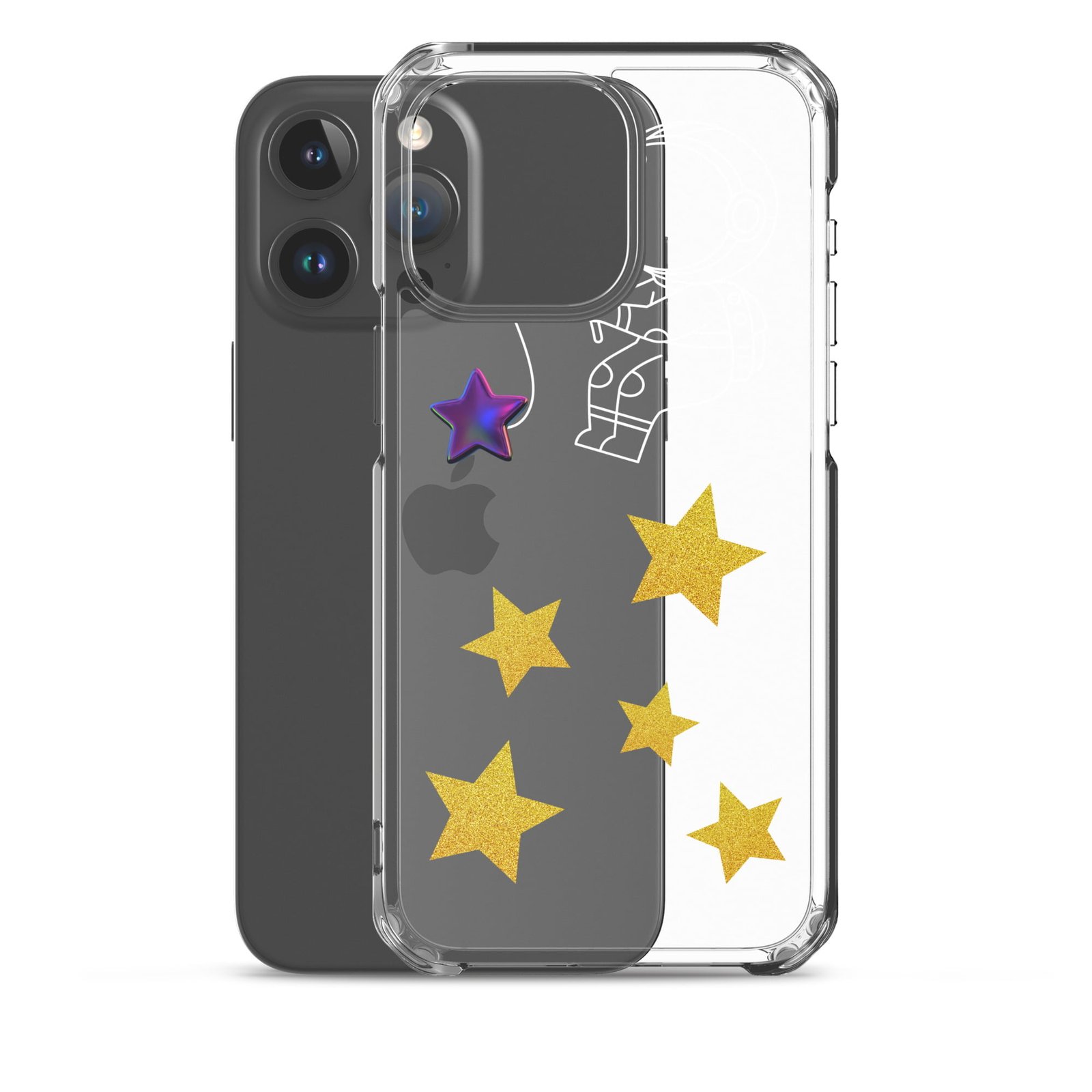 A clear phone case adorned with delicate stars, reminiscent of a whimsical Starry Night.