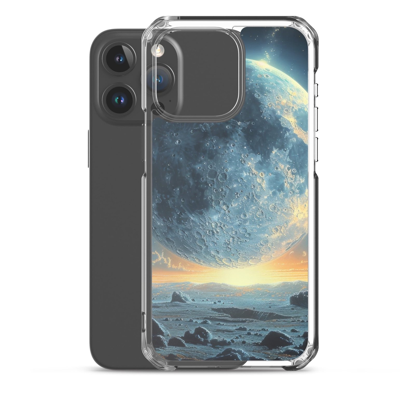 An iPhone clear case featuring an image of the moon and stars, bringing you closer to the moon.