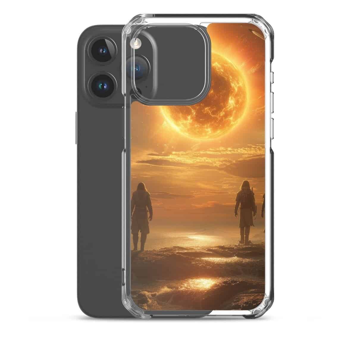 Two people on the beach with the sun behind them, captured on a Sun Clear Case for iPhone.