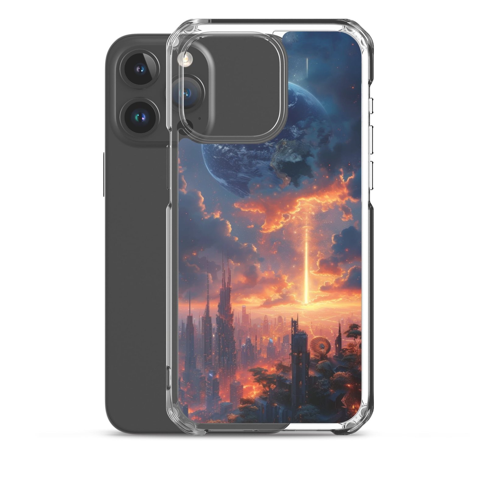 An iPhone case featuring a clear image of a city at sunset.