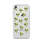 A clear iPhone case featuring green aliens.
