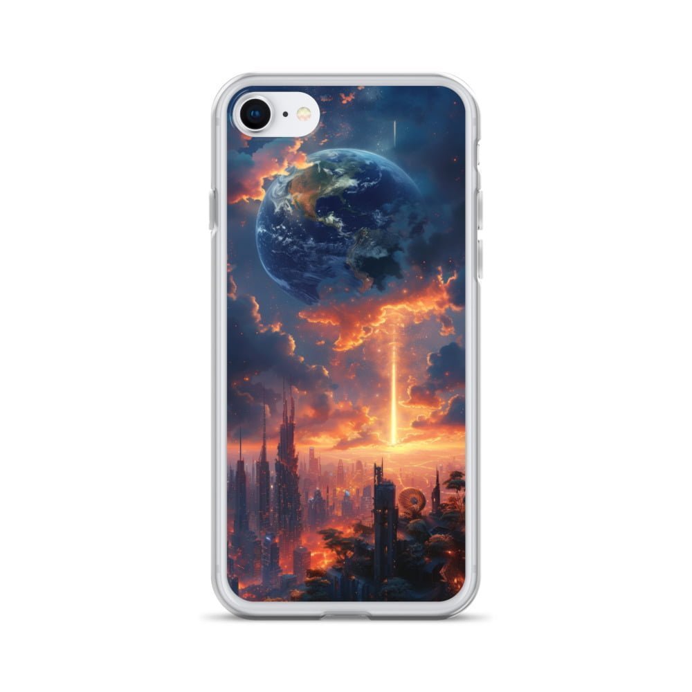 A Clear iPhone case featuring an image of the Earth in the sky.