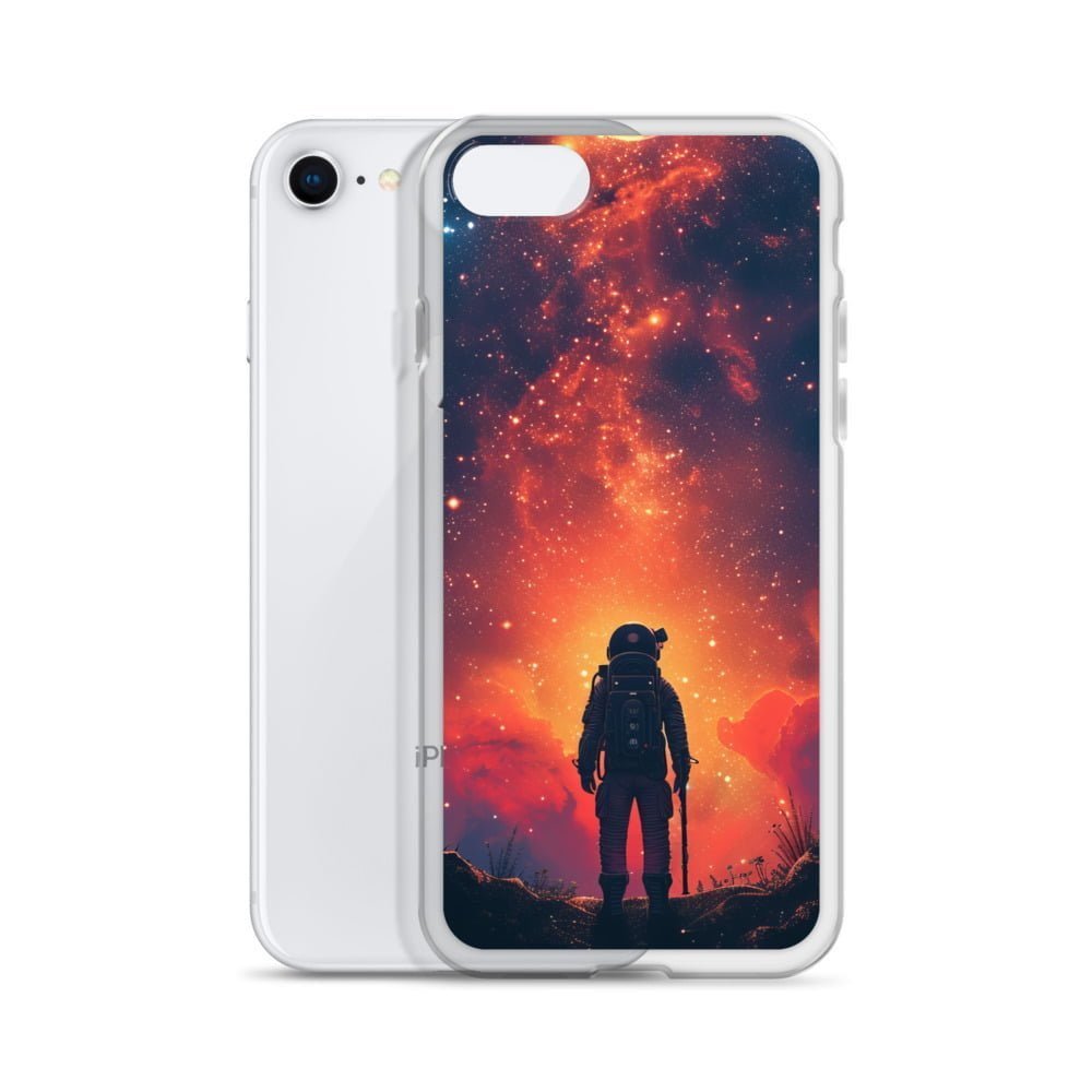A clear iPhone case featuring an astronaut standing in front of a starry sky.