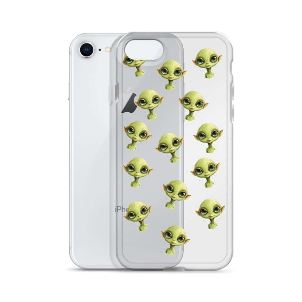 An iPhone case featuring green aliens faces.