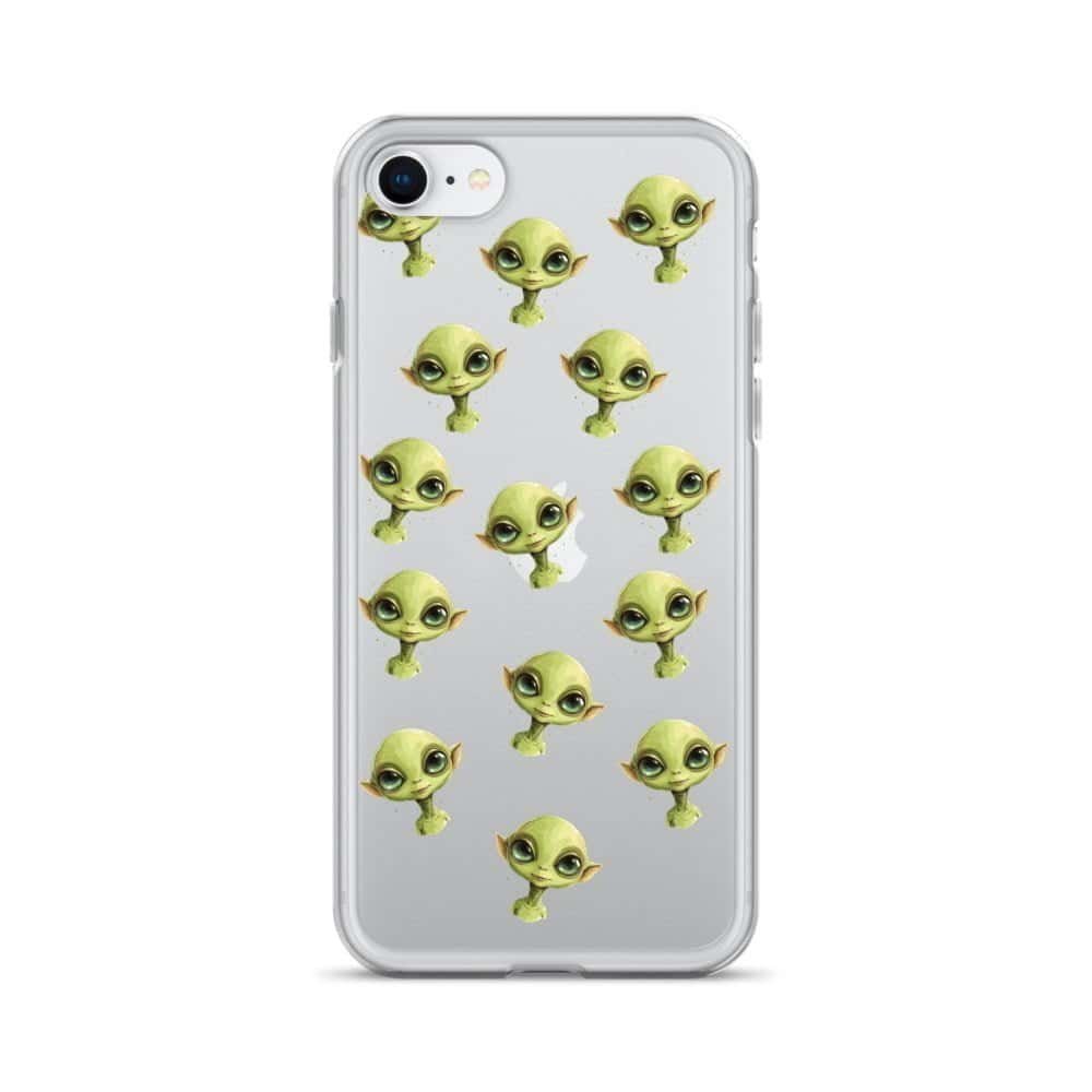 A clear phone case featuring cartoon faces of green alien characters.