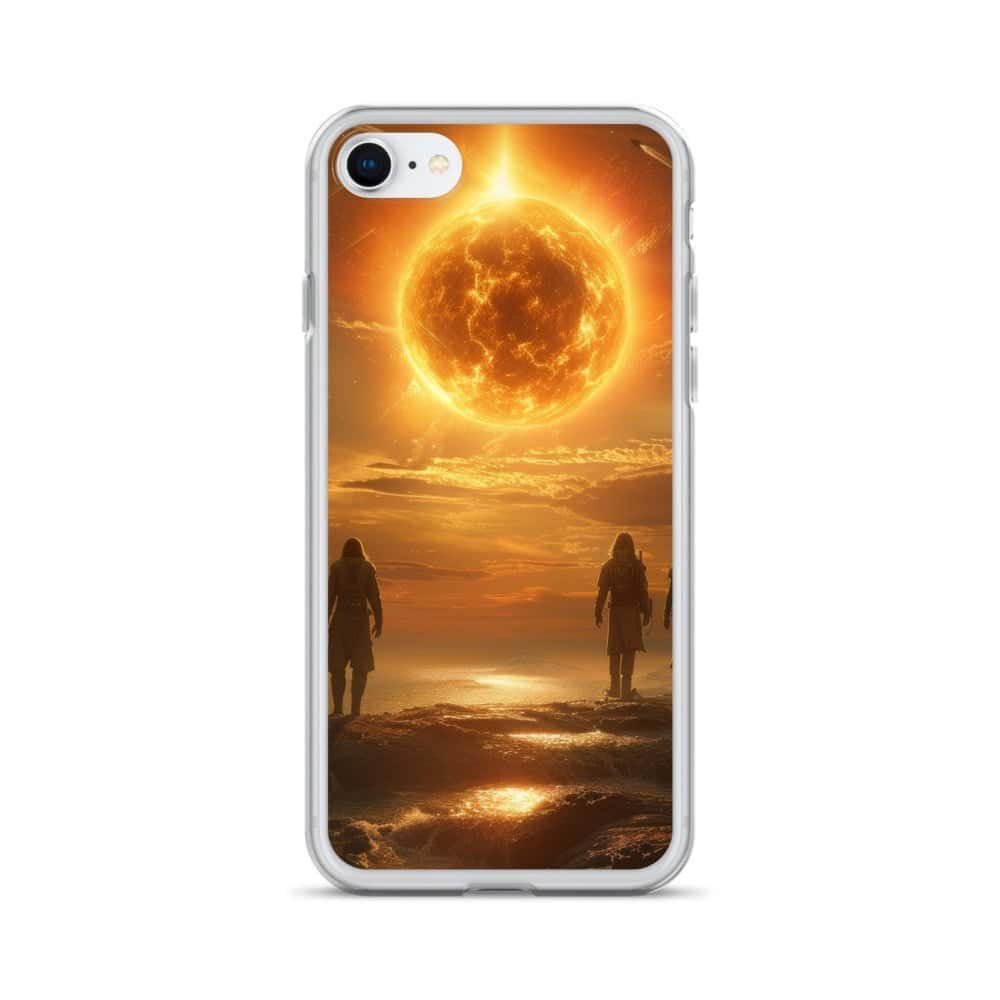 Two people holding Future Us iPhone clear case while standing in front of the sun.