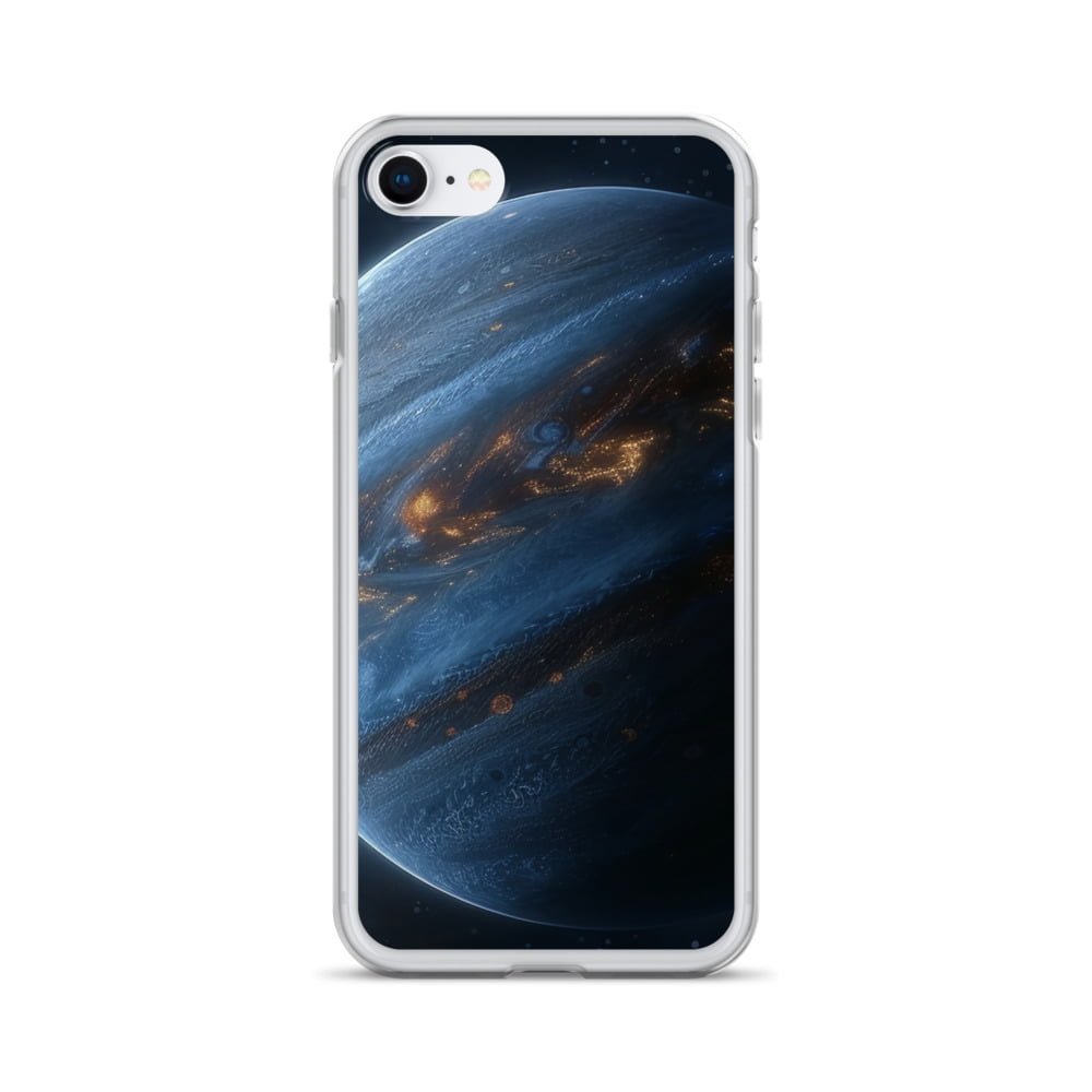 A clear iPhone case featuring an image of the planet Jupiter