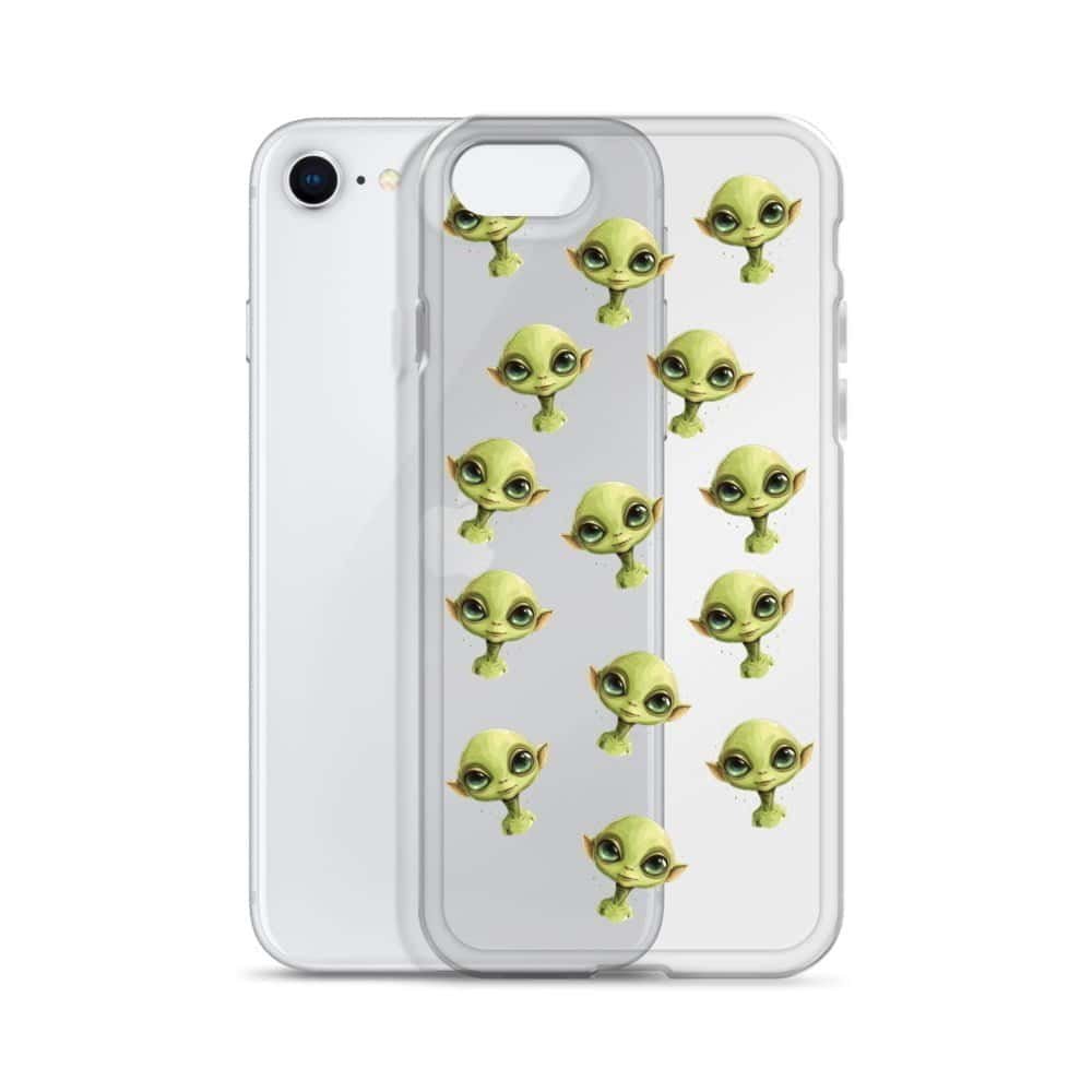A clear case featuring green alien faces.