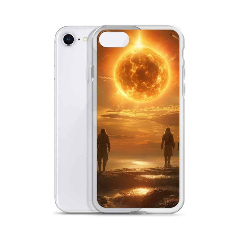 Two people standing on the beach with the future sun behind them iphone case.