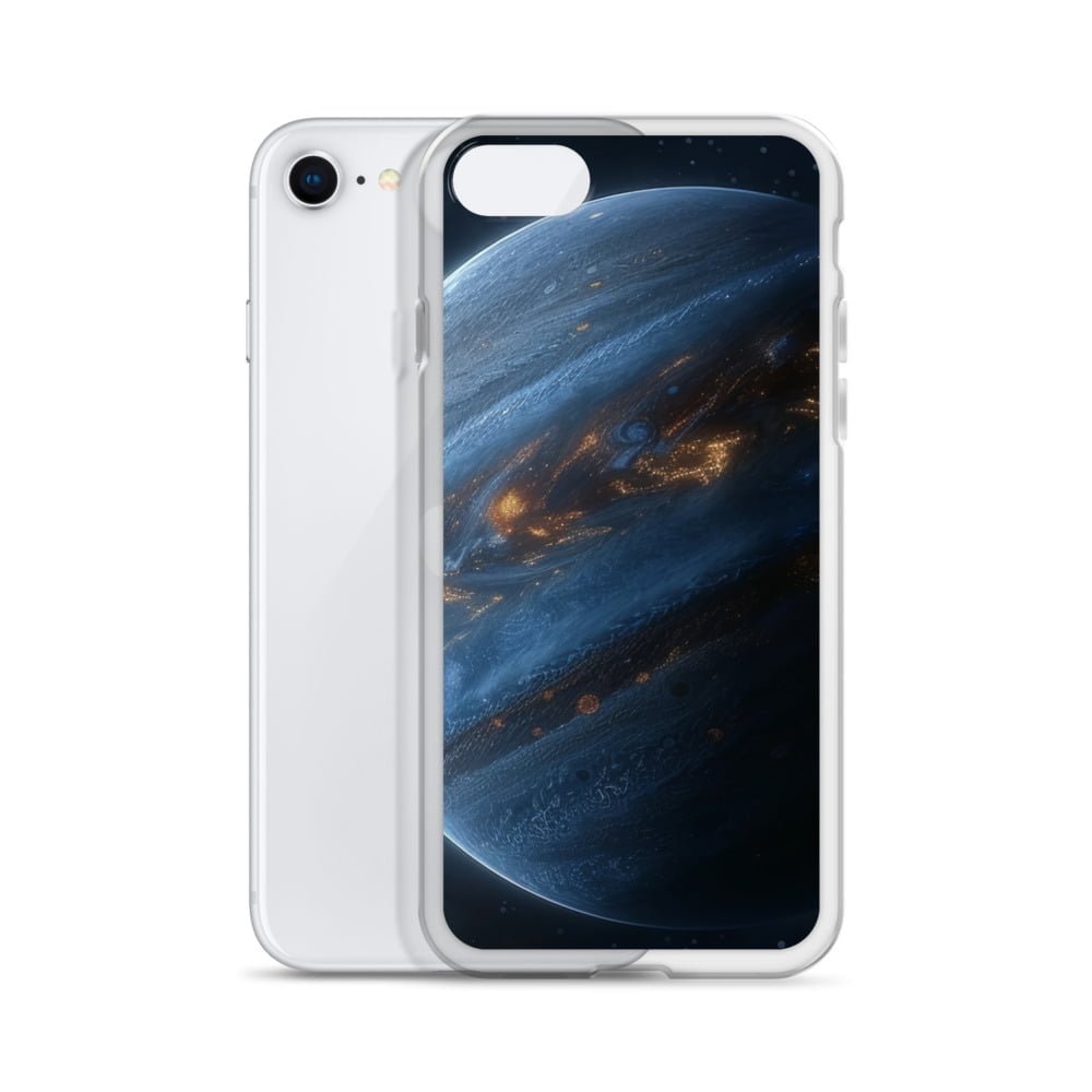 A clear iPhone case featuring a stunning image of the planet Jupiter.