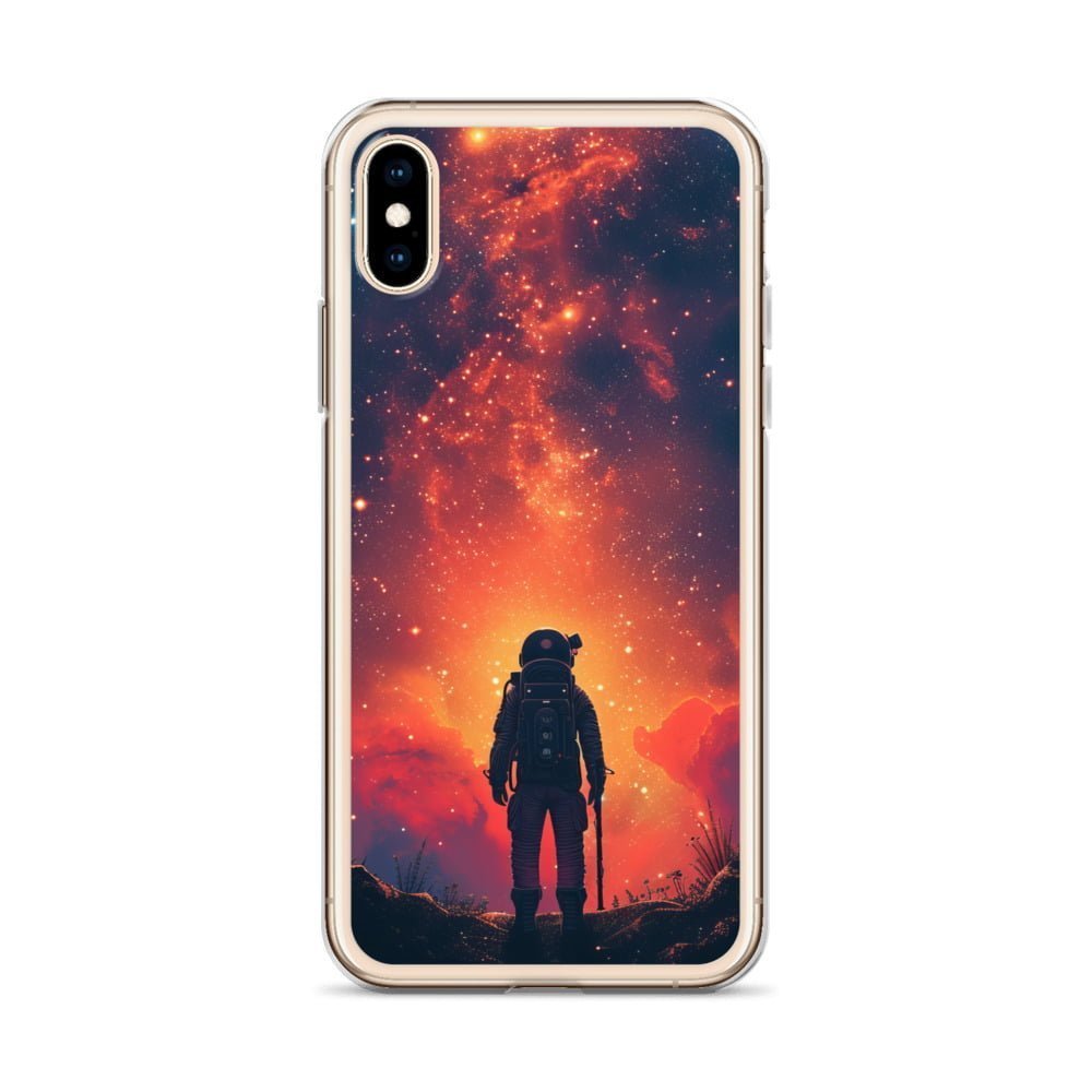 A transparent iPhone case showcasing an astronaut standing awe-inspiring before a starry sky.