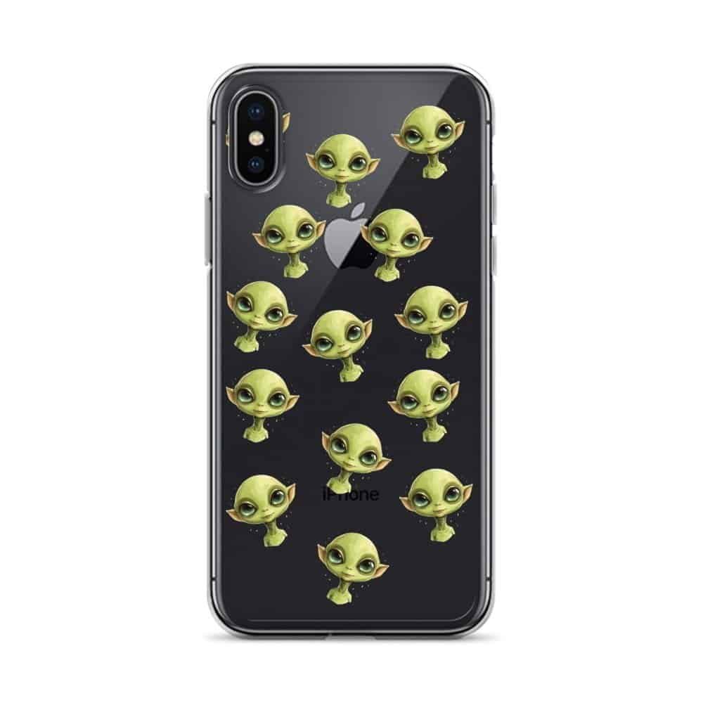 A clear phone case featuring green alien faces.